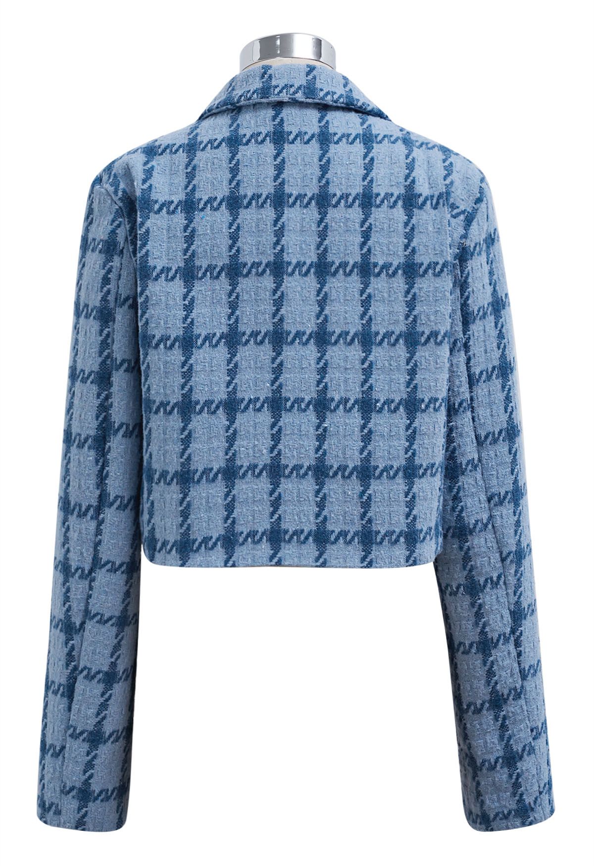 Check Tweed Padded Shoulder Cropped Blazer in Blue