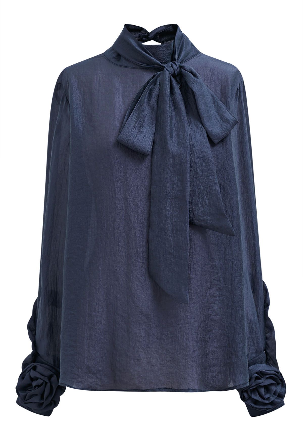 Bowknot Neckline Rose Cuff Sheer Top in Navy