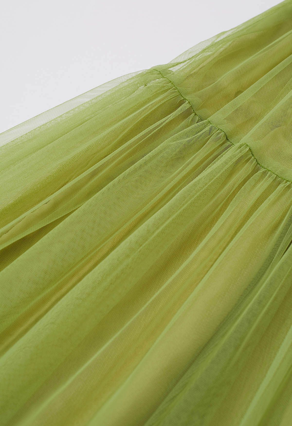 Ruffle Hem Double-Layered Mesh Maxi Skirt in Lime