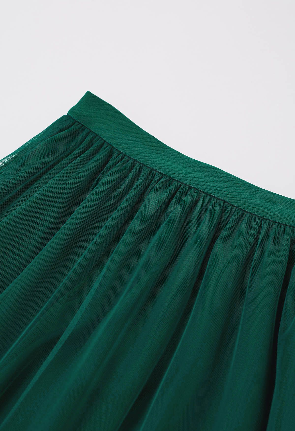 Ruffle Hem Double-Layered Mesh Maxi Skirt in Dark Green