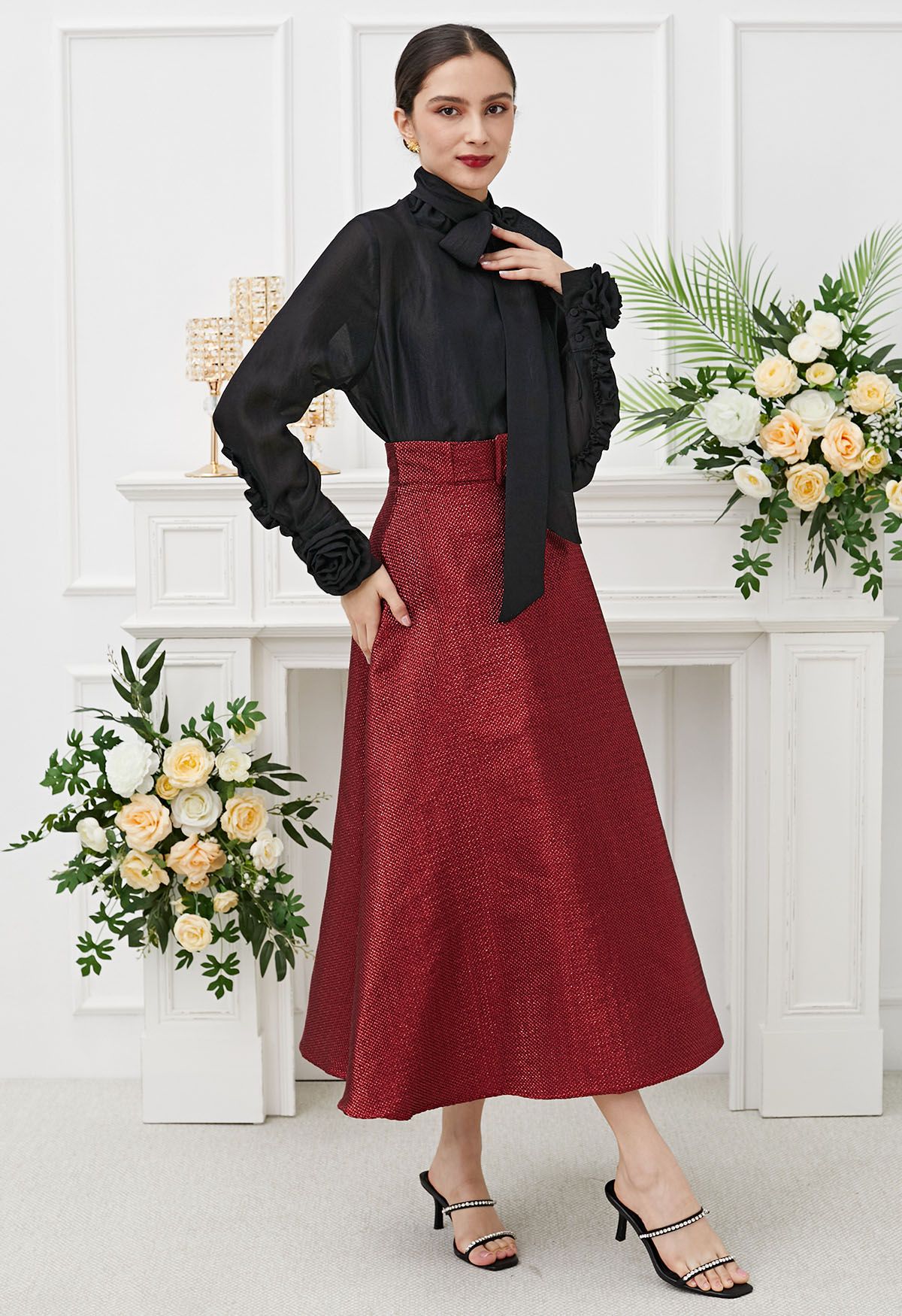 Metallic Embossed Belted A-Line Maxi Skirt in Red