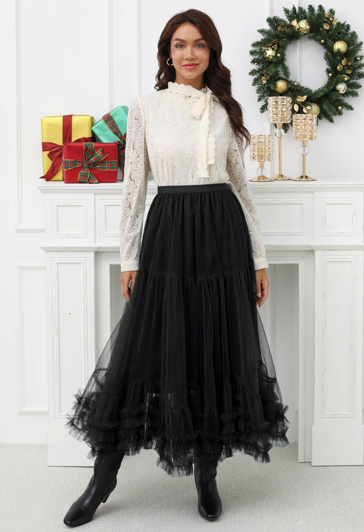 Ruffle Hem Double-Layered Mesh Maxi Skirt in Black