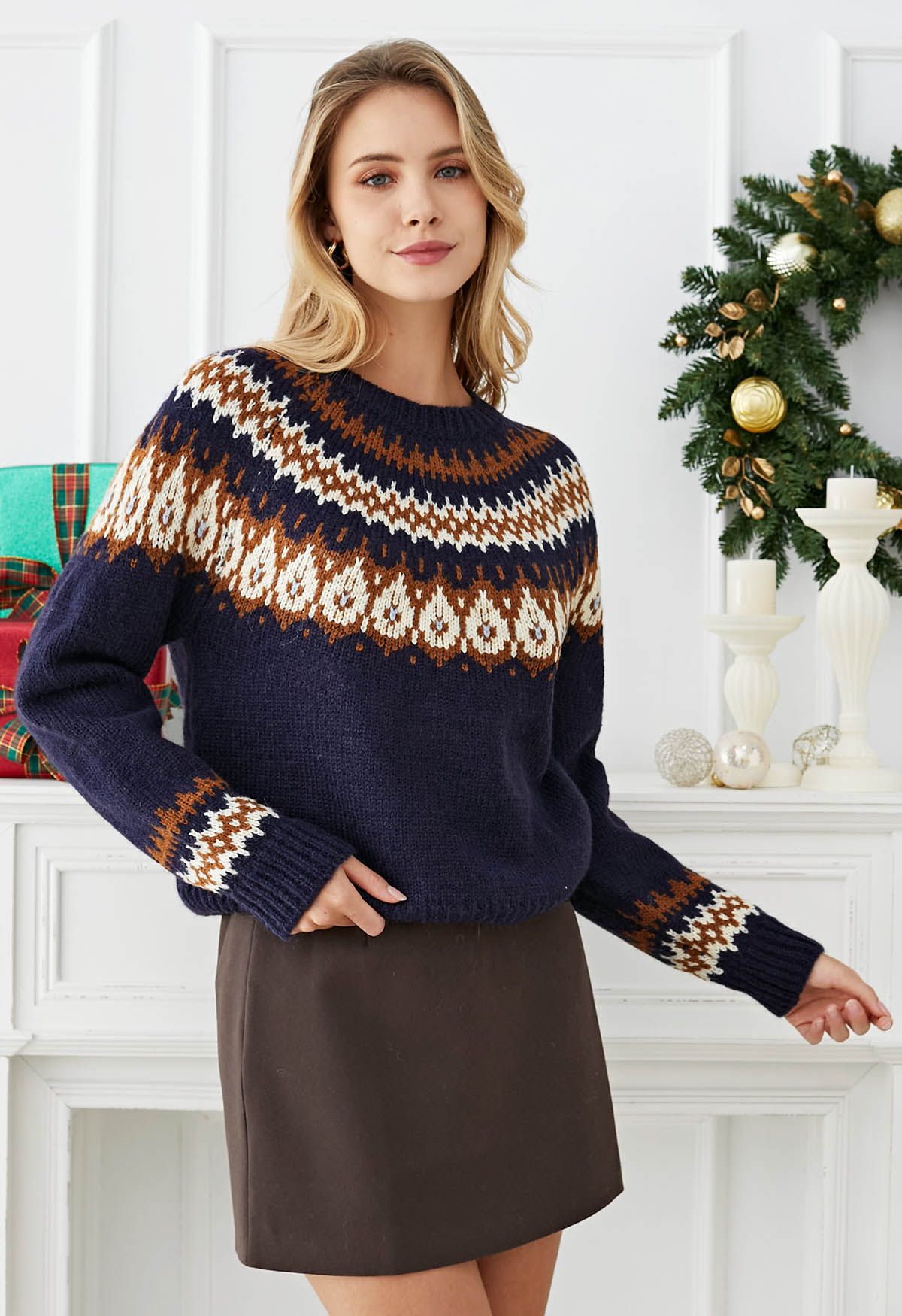 Playful Waterdrop Fair Isle Knit Sweater in Navy