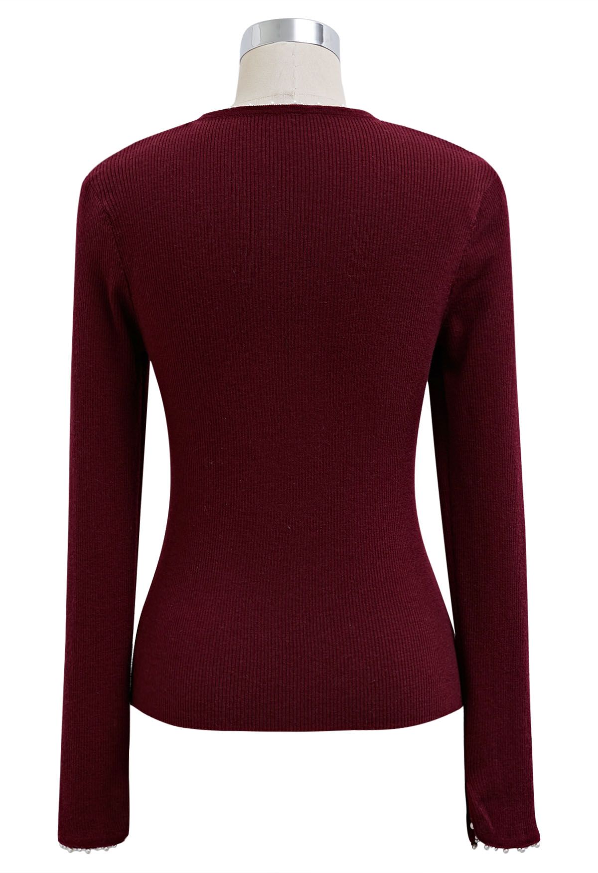 Pearl Decorated Ribbed Knit Top in Burgundy