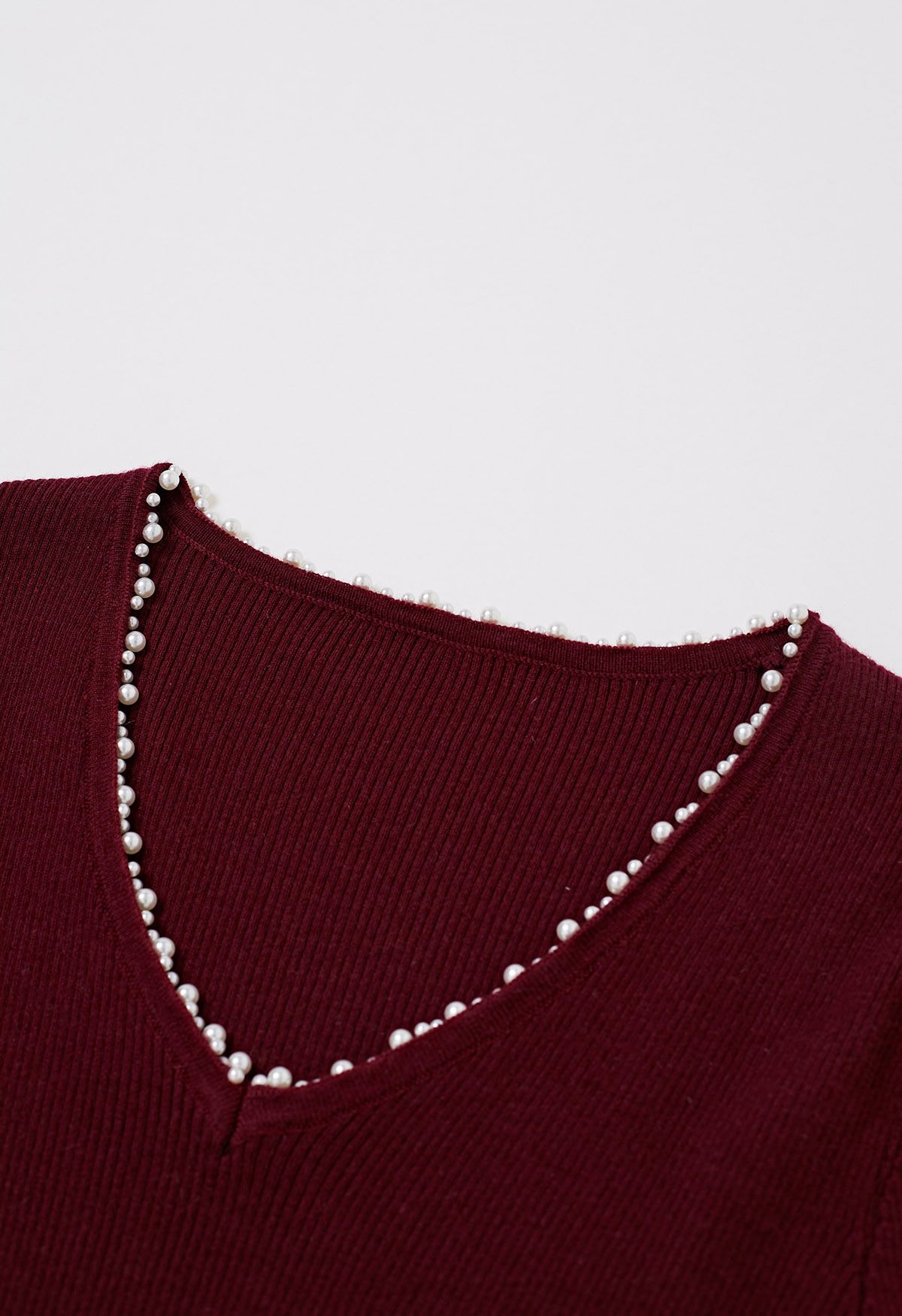 Pearl Decorated Ribbed Knit Top in Burgundy