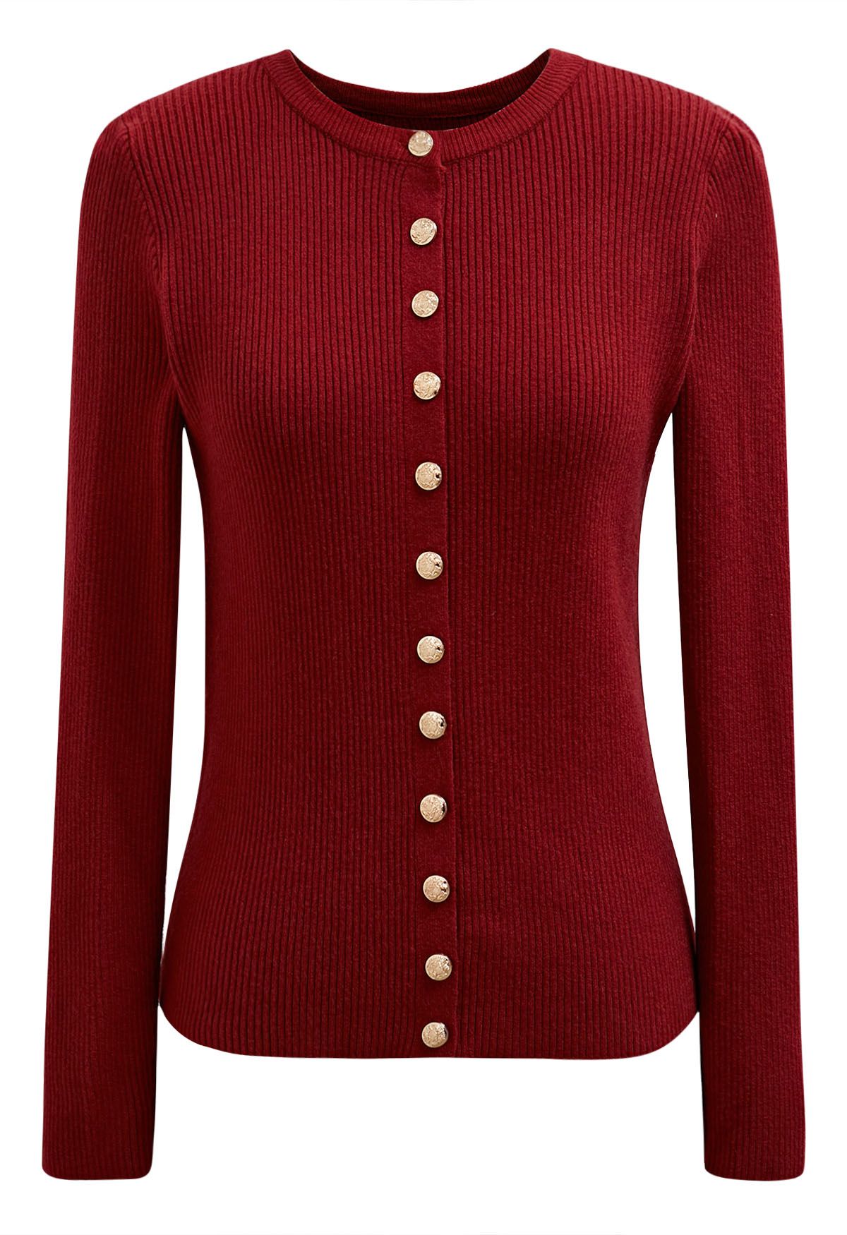 Chic Sense Button-Up Ribbed Knit Cardigan in Red