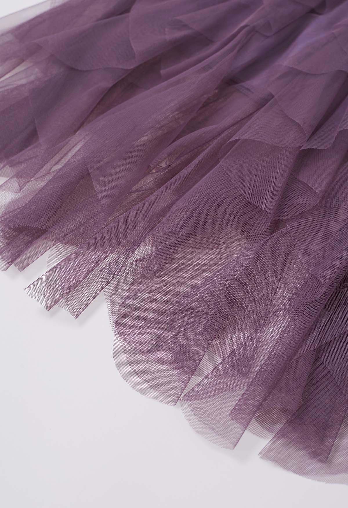 Ruffle Panelled Mesh Tulle Midi Skirt in Purple