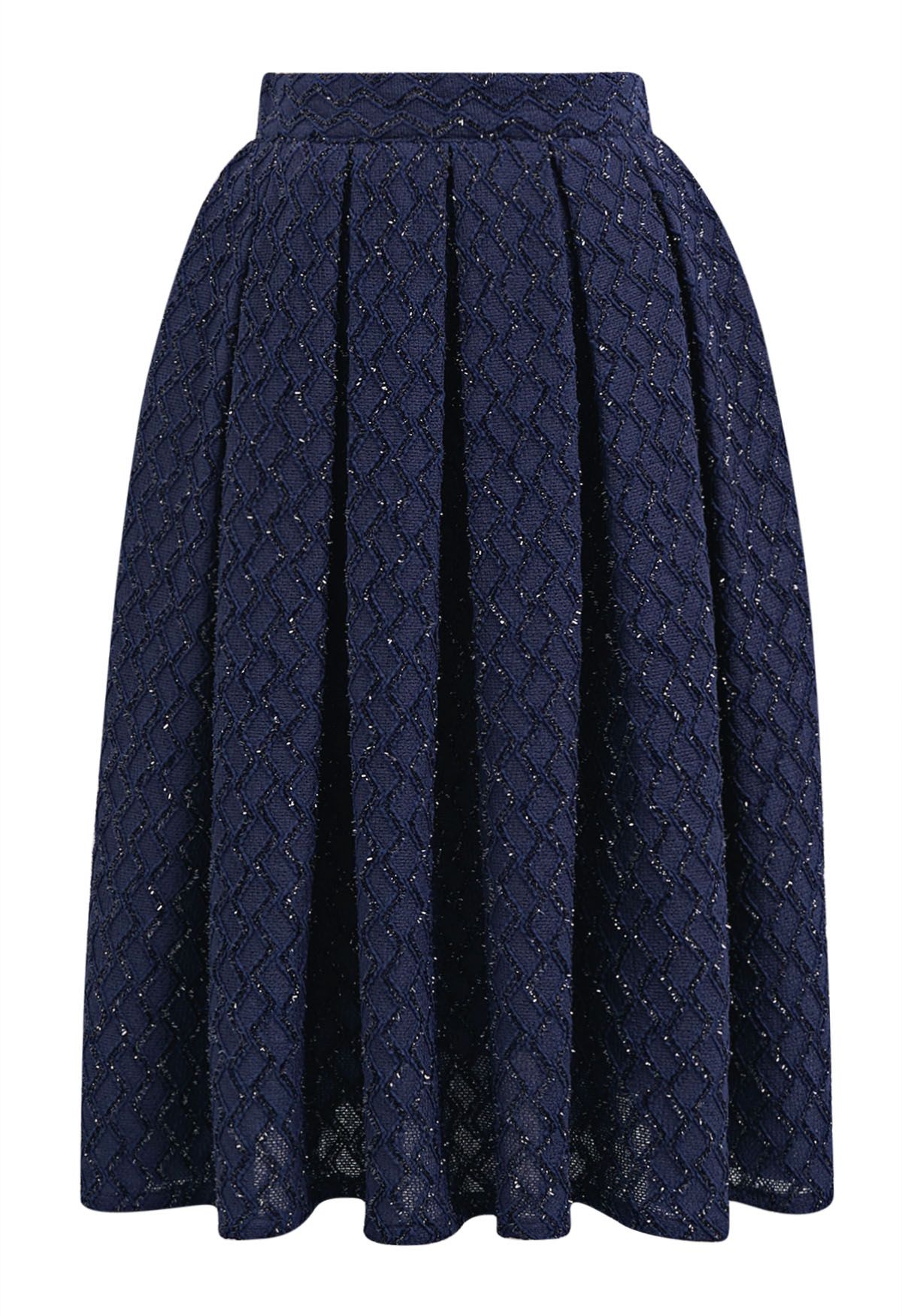 Fringed Zigzag Box Pleat Midi Skirt in Navy