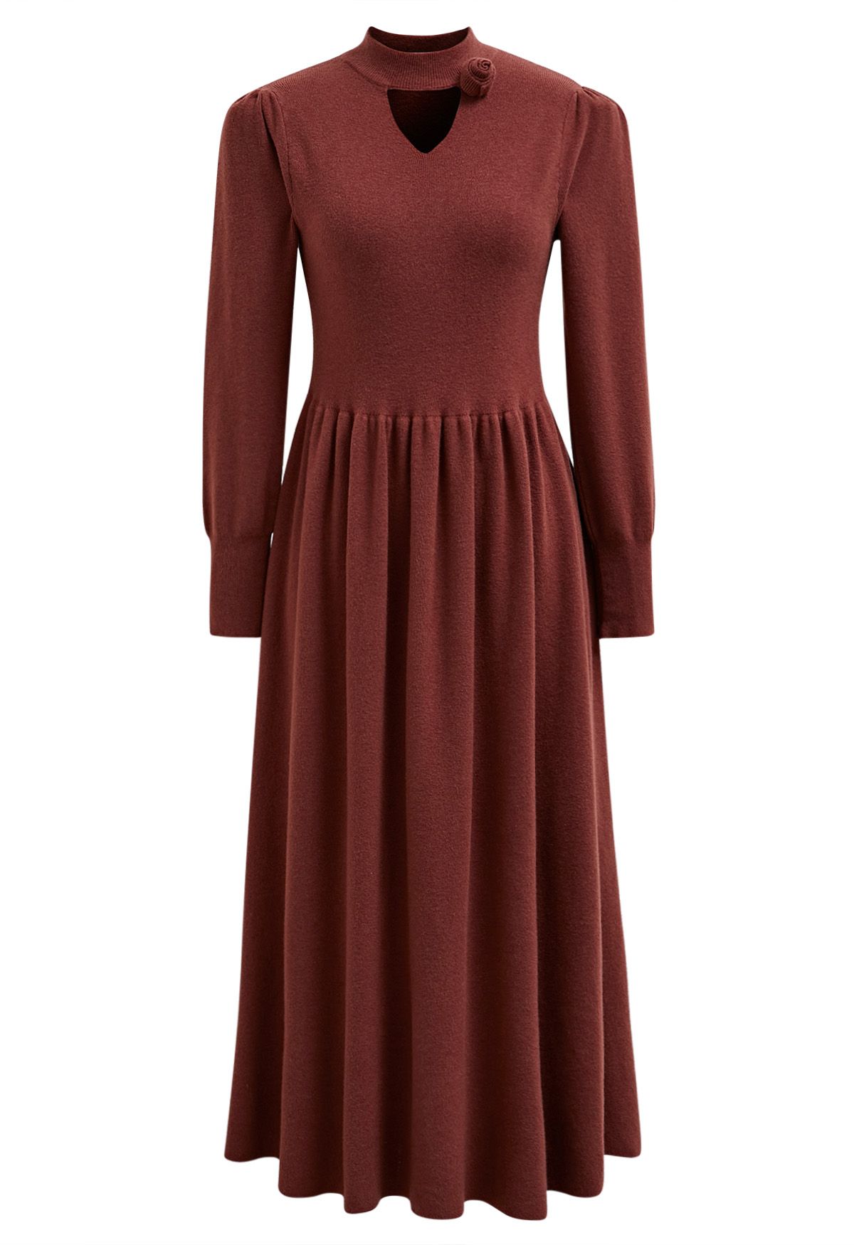 Floral Decor Cut-Out Ribbed Knit Midi Dress in Burgundy