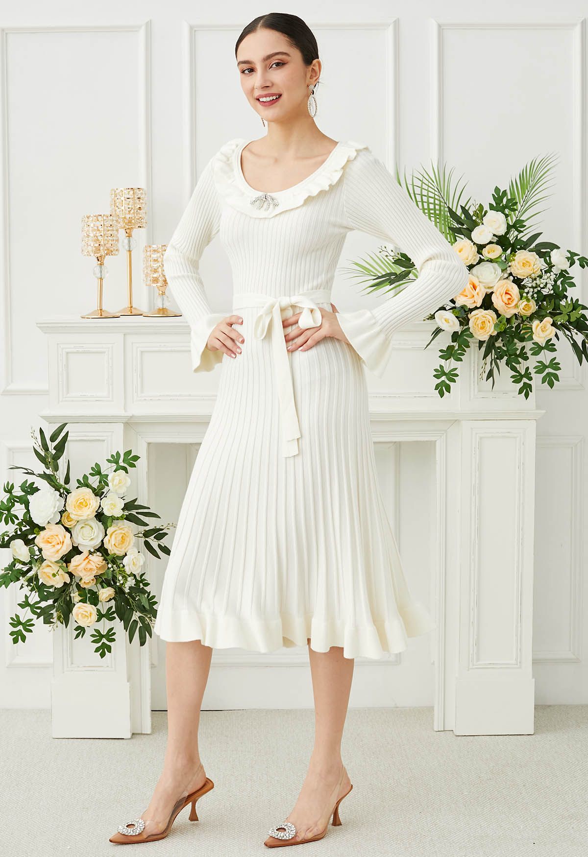 Ruffle Charm Tie Sash Ribbed Knit Dress in White