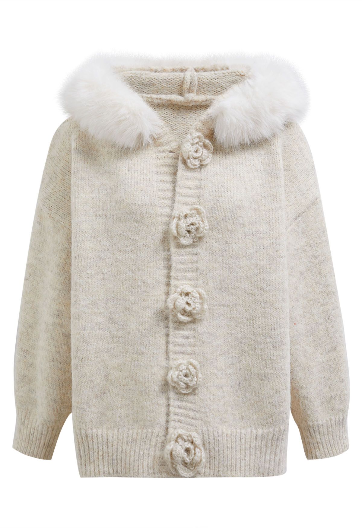 Stitch Rose Button Faux Fur Hooded Knit Cardigan in Oatmeal