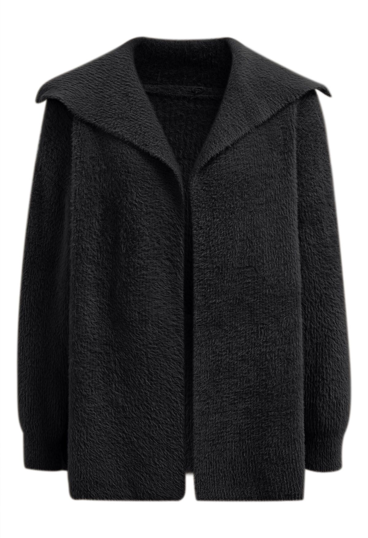 Collared Open Front Fluffy Knit Cardigan in Black