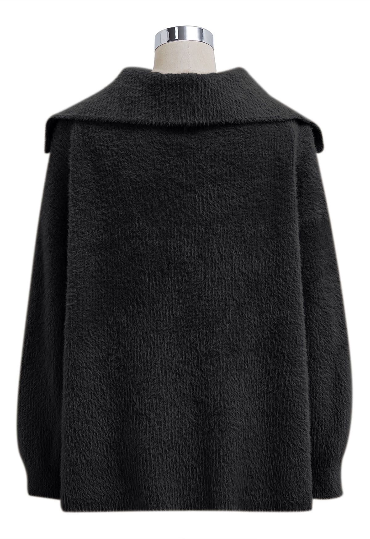 Collared Open Front Fluffy Knit Cardigan in Black