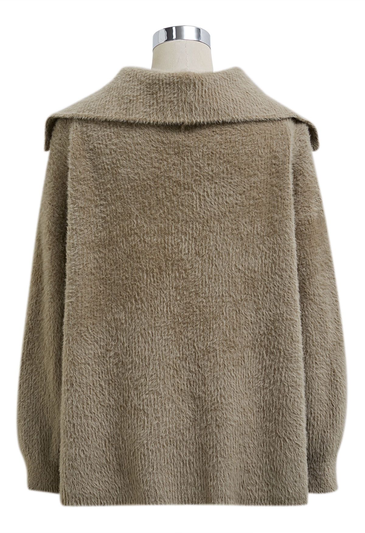 Collared Open Front Fluffy Knit Cardigan in Khaki