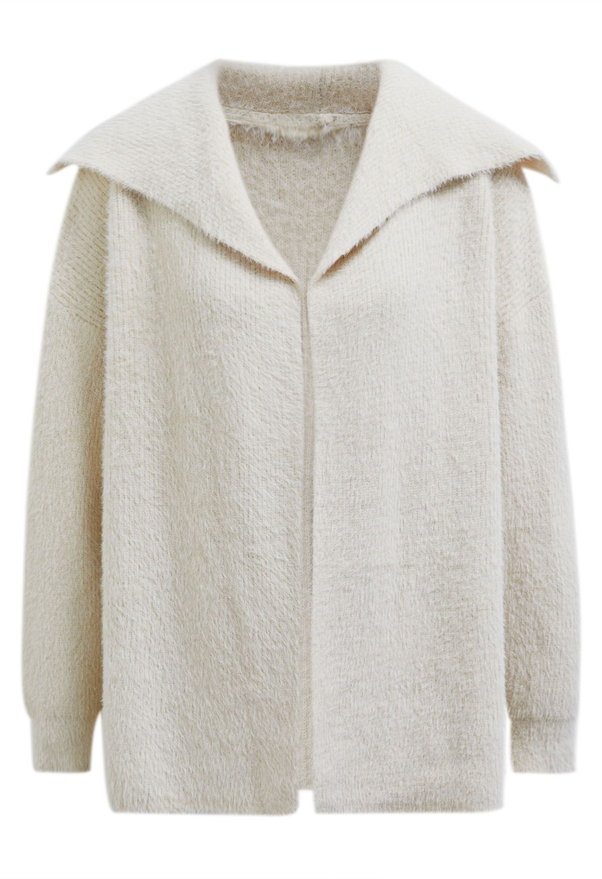 Collared Open Front Fluffy Knit Cardigan in Ivory