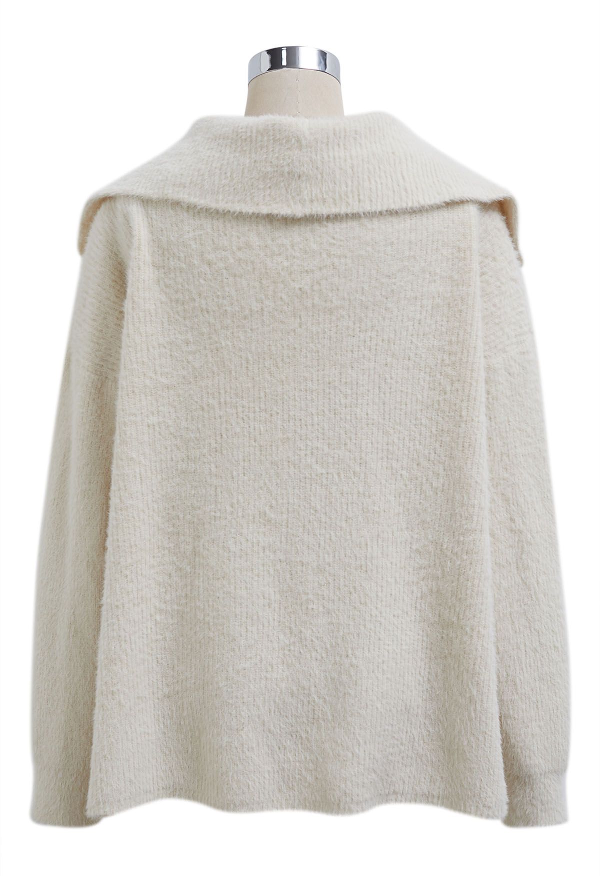 Collared Open Front Fluffy Knit Cardigan in Ivory