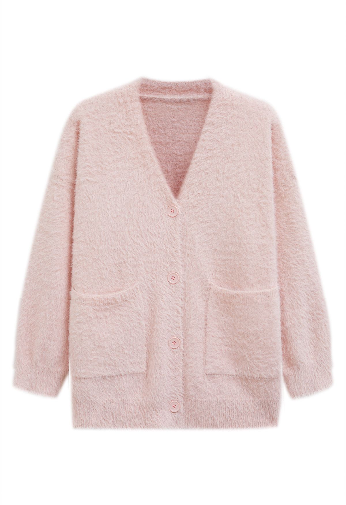 Patch Pocket Button Down Fluffy Knit Cardigan in Pink