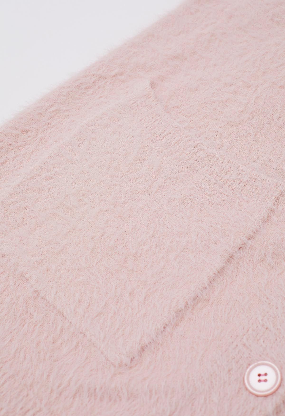 Patch Pocket Button Down Fluffy Knit Cardigan in Pink