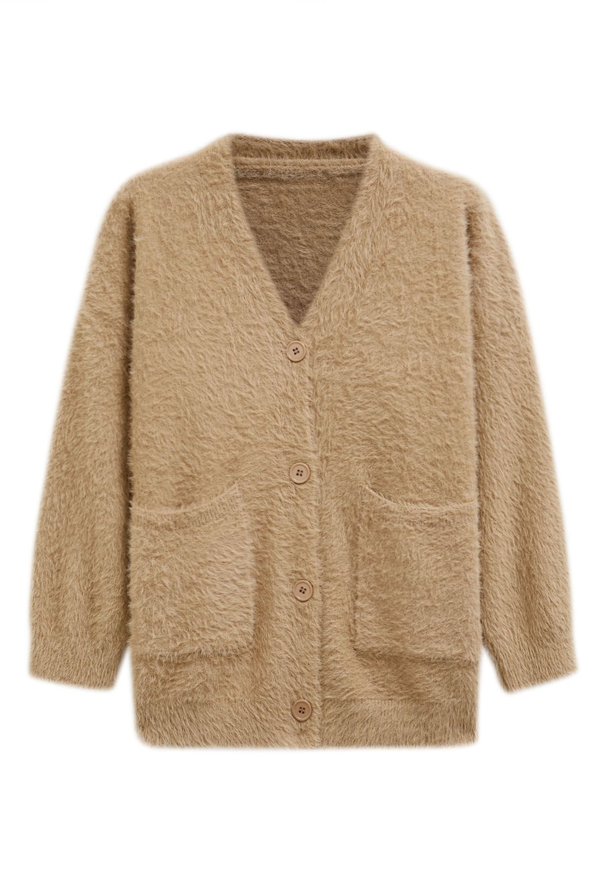 Patch Pocket Button Down Fluffy Knit Cardigan in Tan