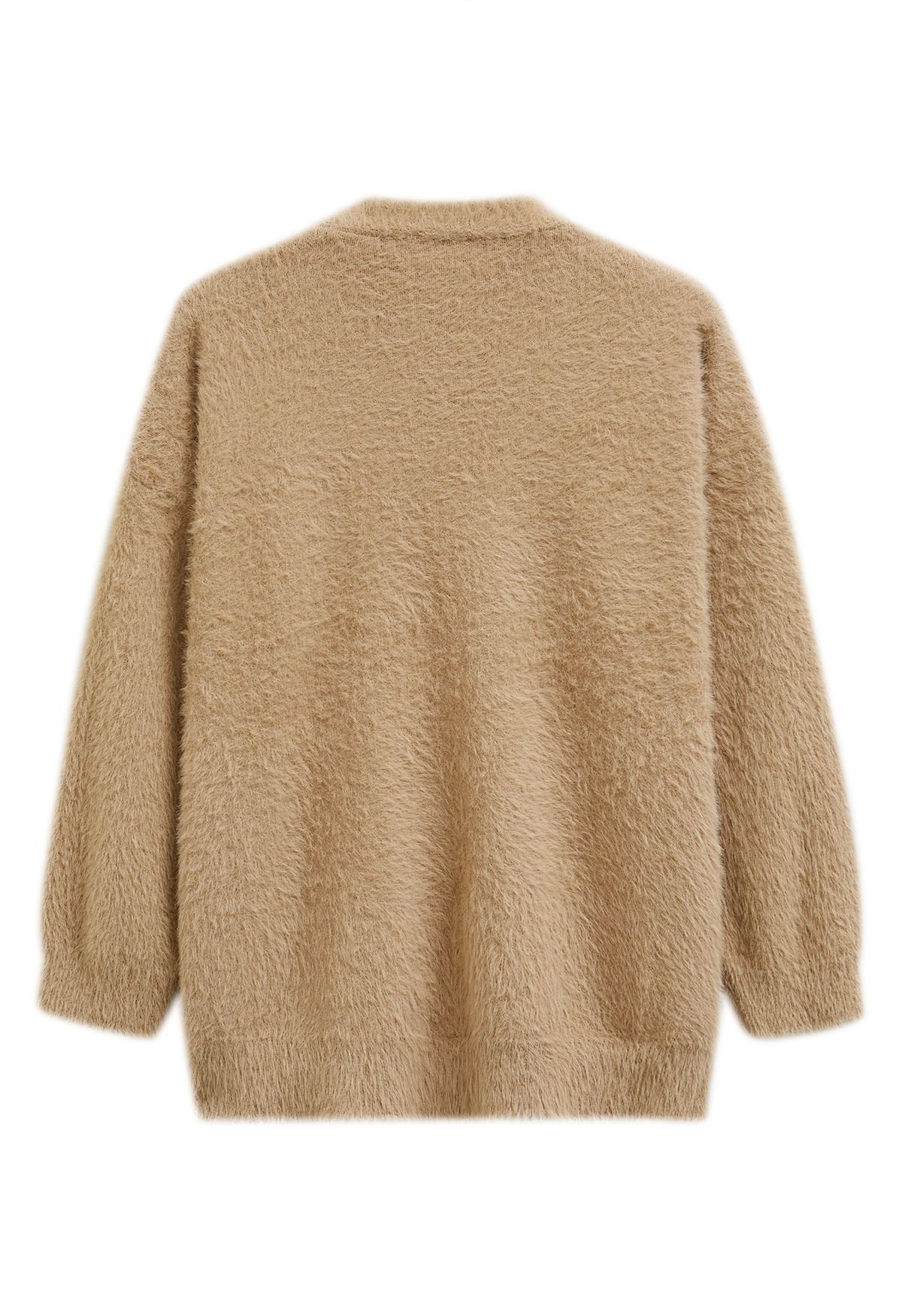 Patch Pocket Button Down Fluffy Knit Cardigan in Tan