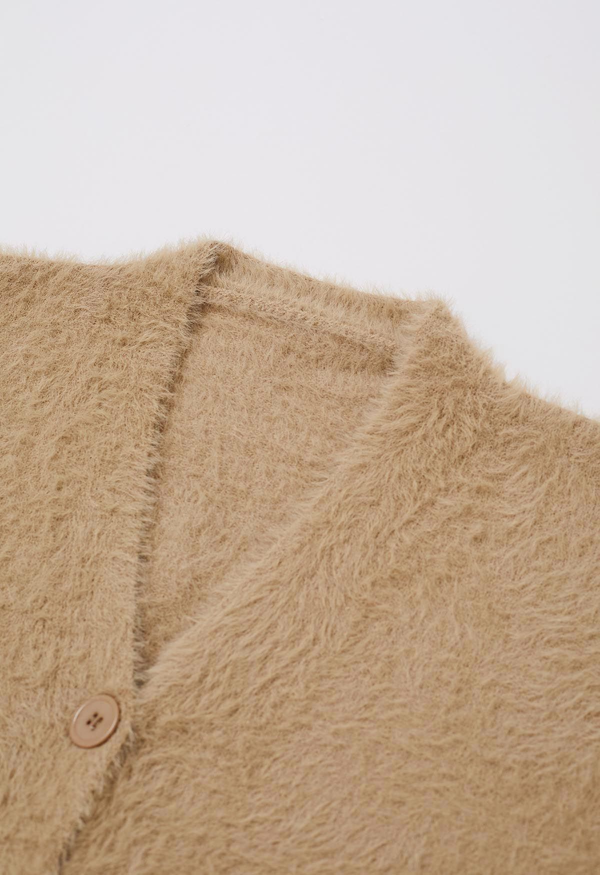 Patch Pocket Button Down Fluffy Knit Cardigan in Tan