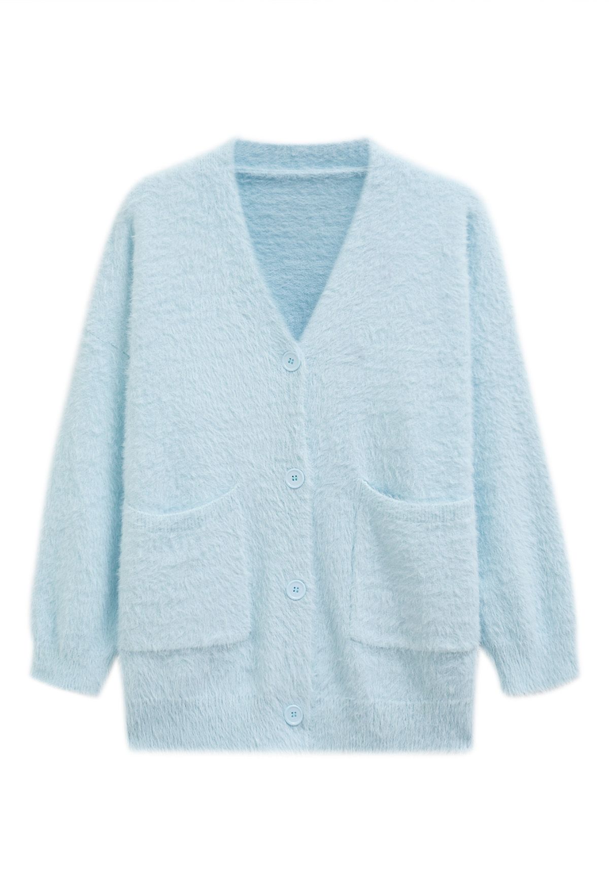 Patch Pocket Button Down Fluffy Knit Cardigan in Baby blue