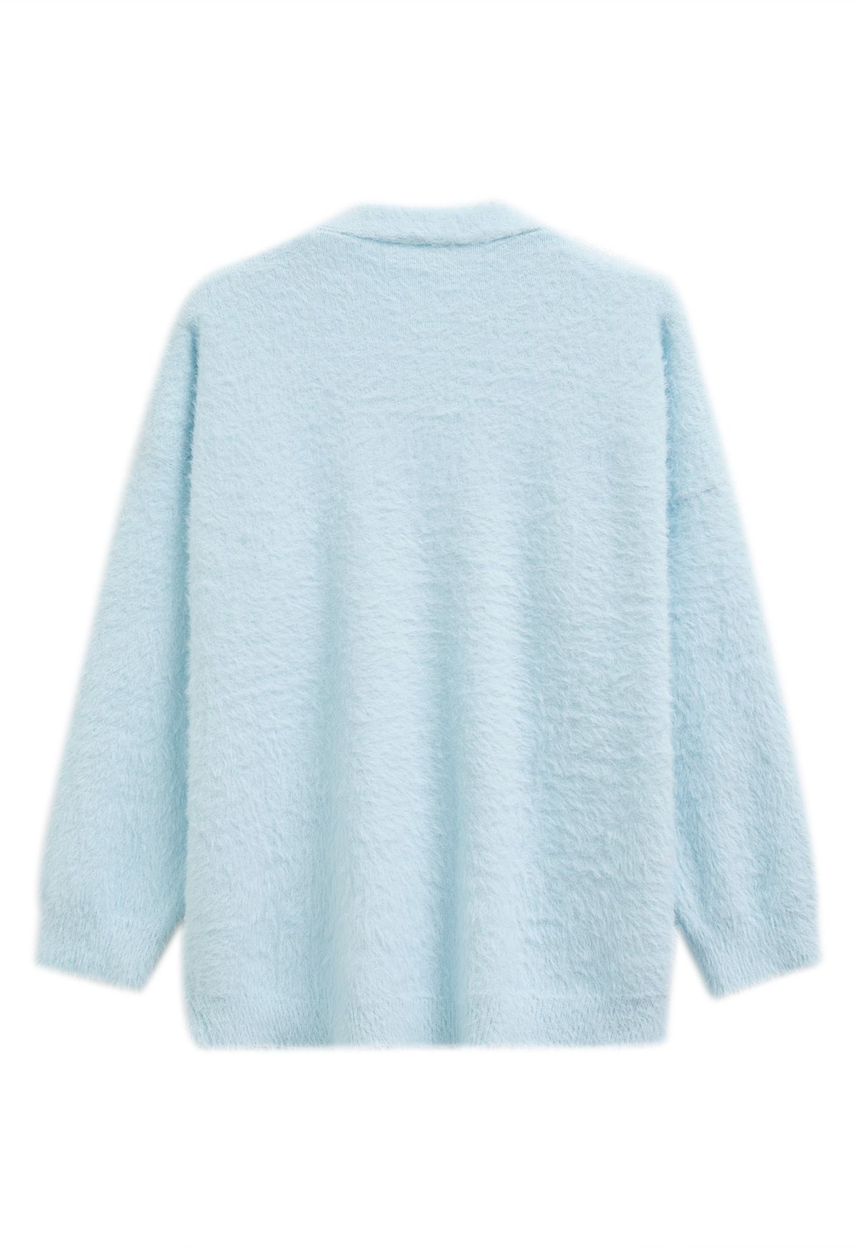 Patch Pocket Button Down Fluffy Knit Cardigan in Baby blue