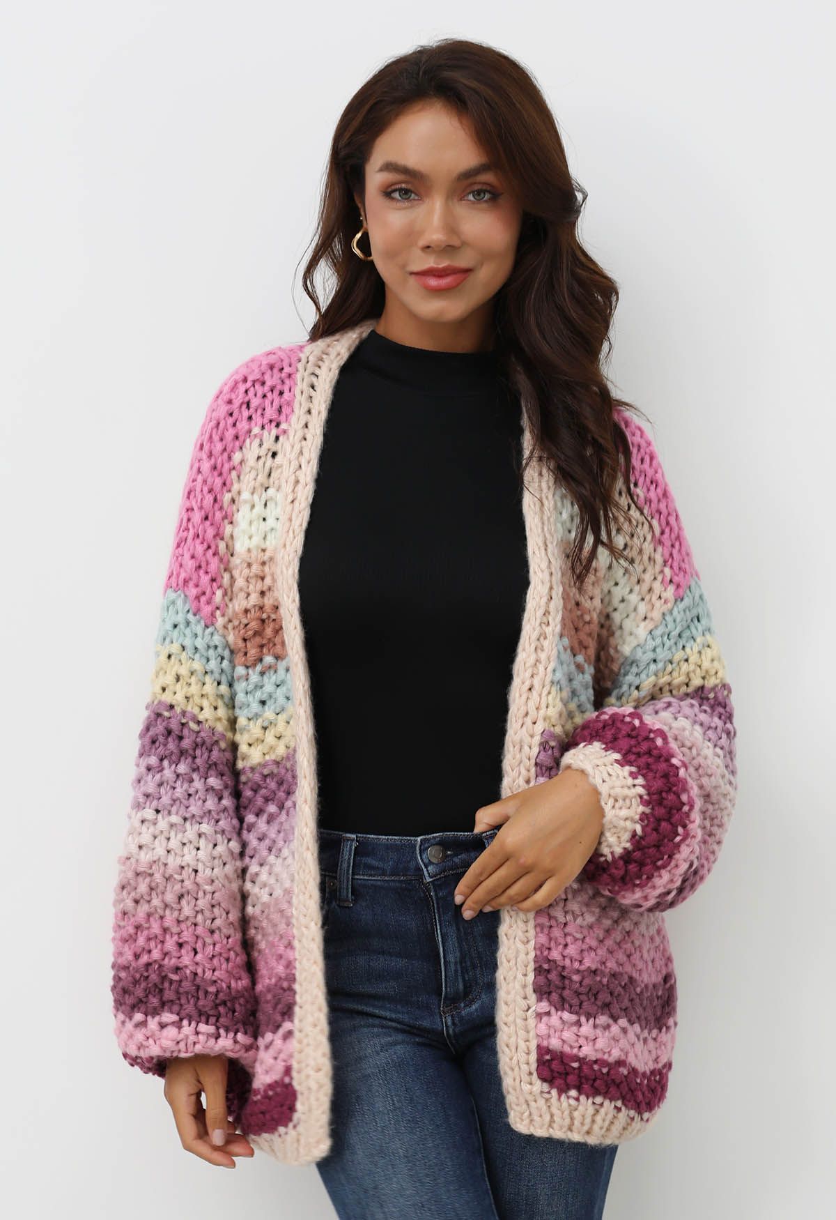 Multicolored Chunky Hand-Knit Cardigan