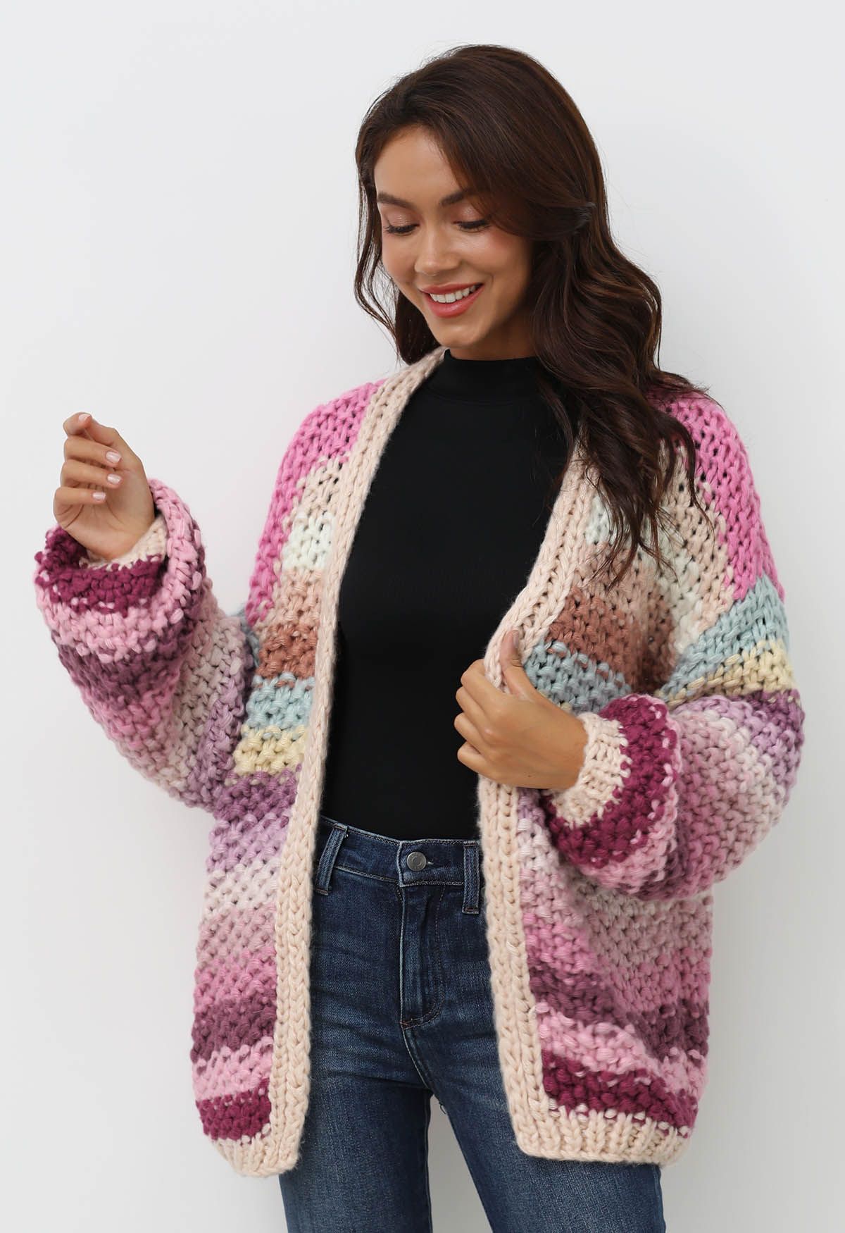 Multicolored Chunky Hand-Knit Cardigan