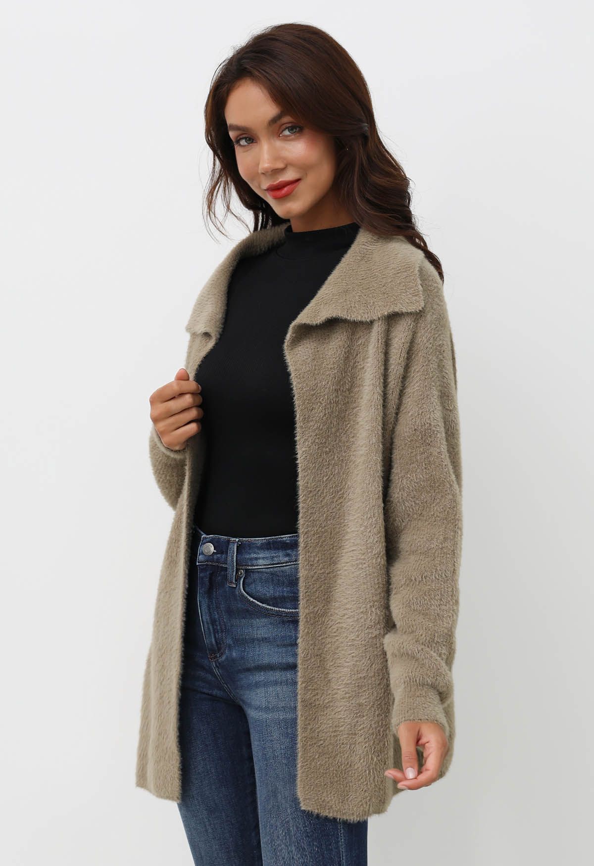 Collared Open Front Fluffy Knit Cardigan in Khaki