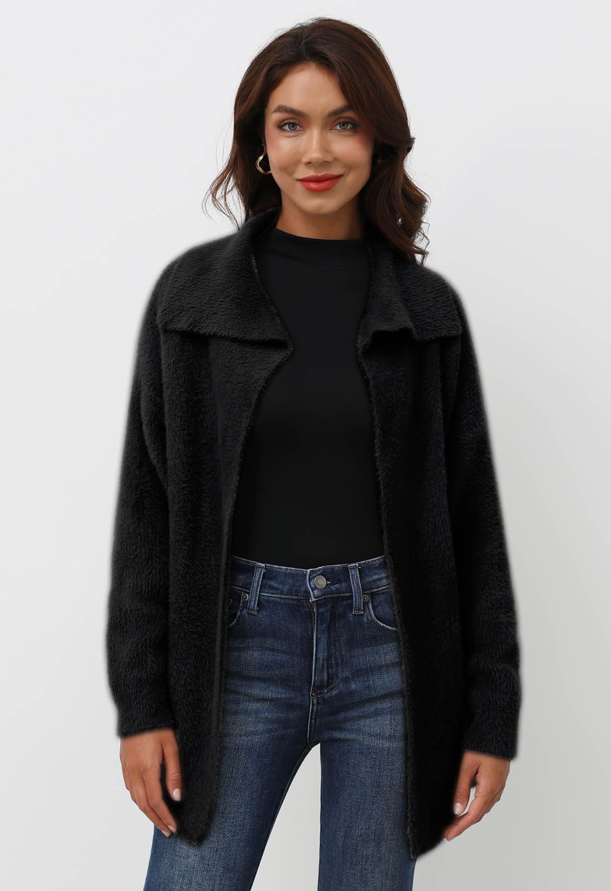 Collared Open Front Fluffy Knit Cardigan in Black