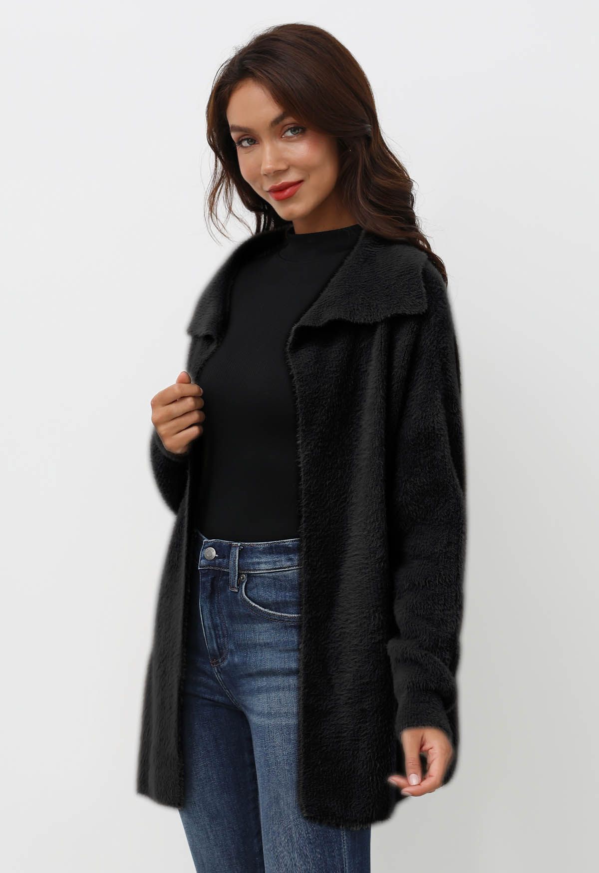 Collared Open Front Fluffy Knit Cardigan in Black