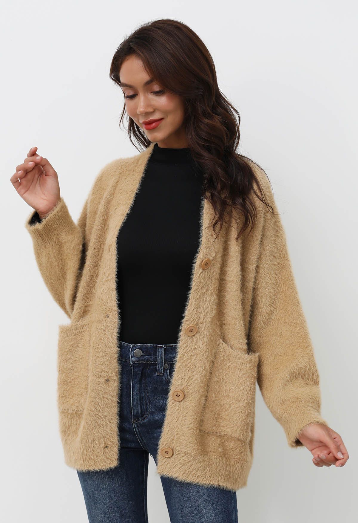 Patch Pocket Button Down Fluffy Knit Cardigan in Tan