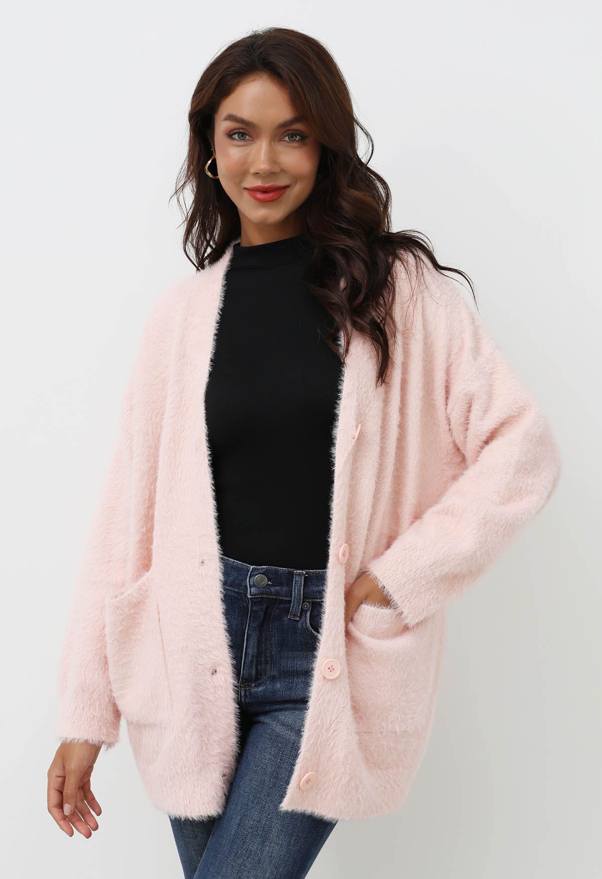 Patch Pocket Button Down Fluffy Knit Cardigan in Pink