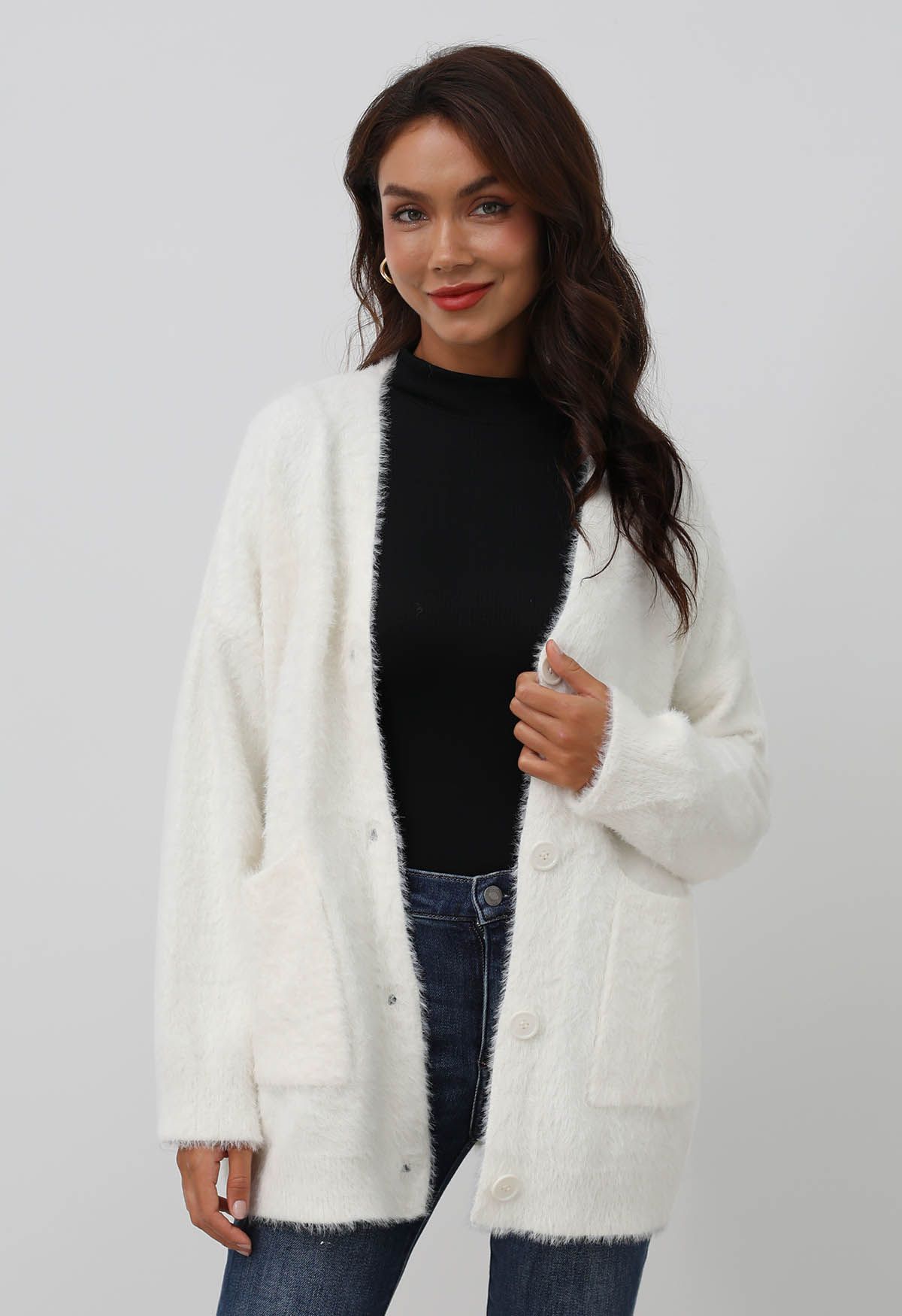 Patch Pocket Button Down Fluffy Knit Cardigan in White