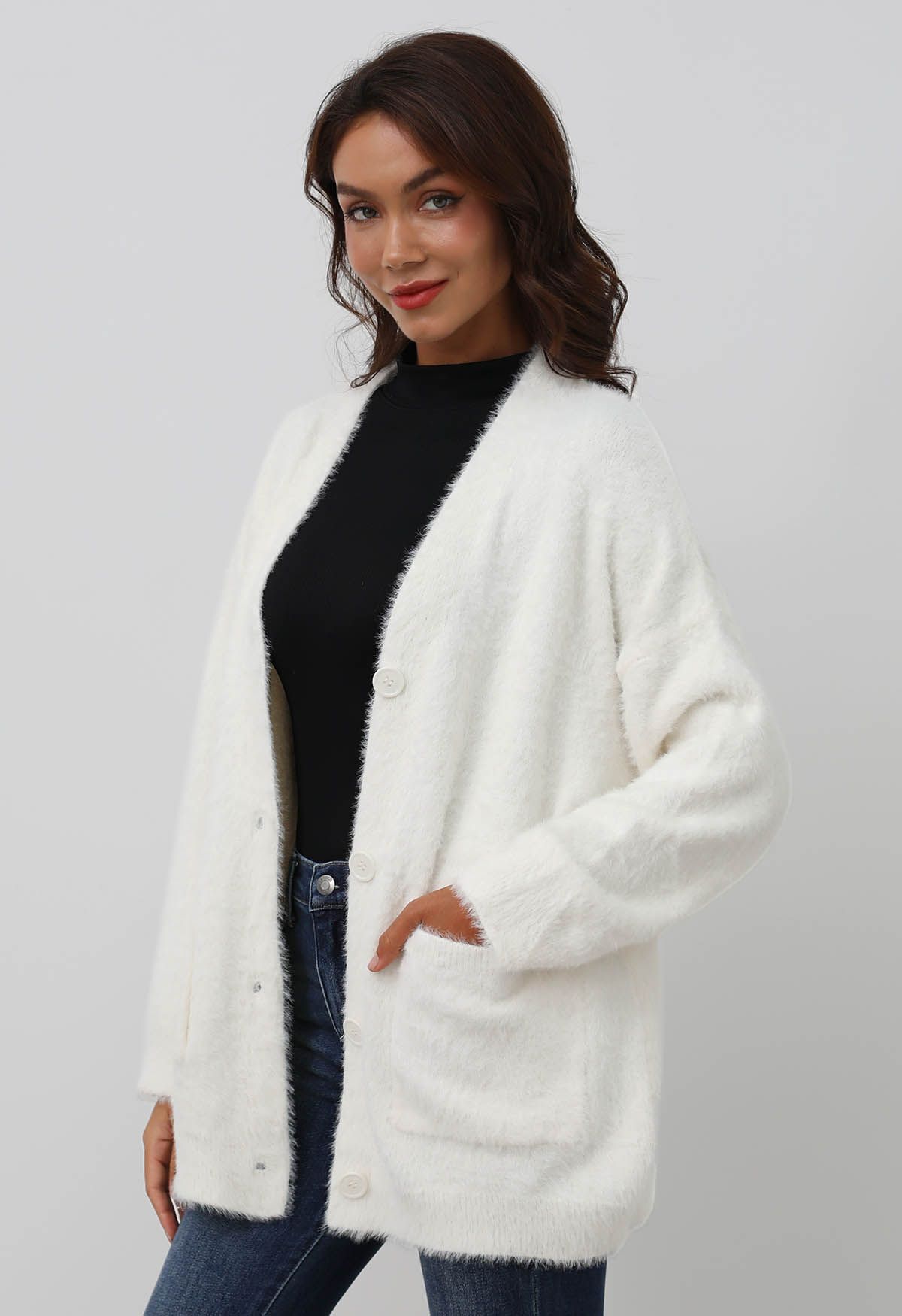 Patch Pocket Button Down Fluffy Knit Cardigan in White