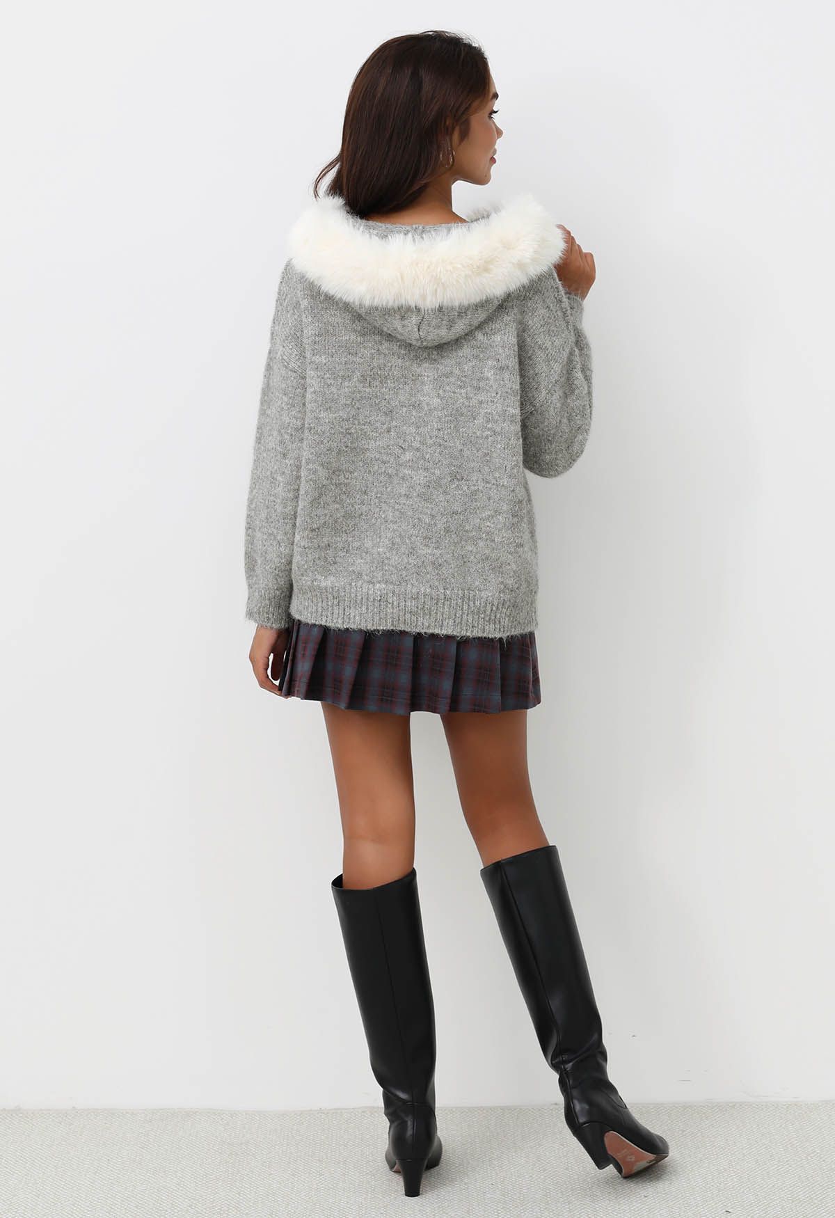 Stitch Rose Button Faux Fur Hooded Knit Cardigan in Grey