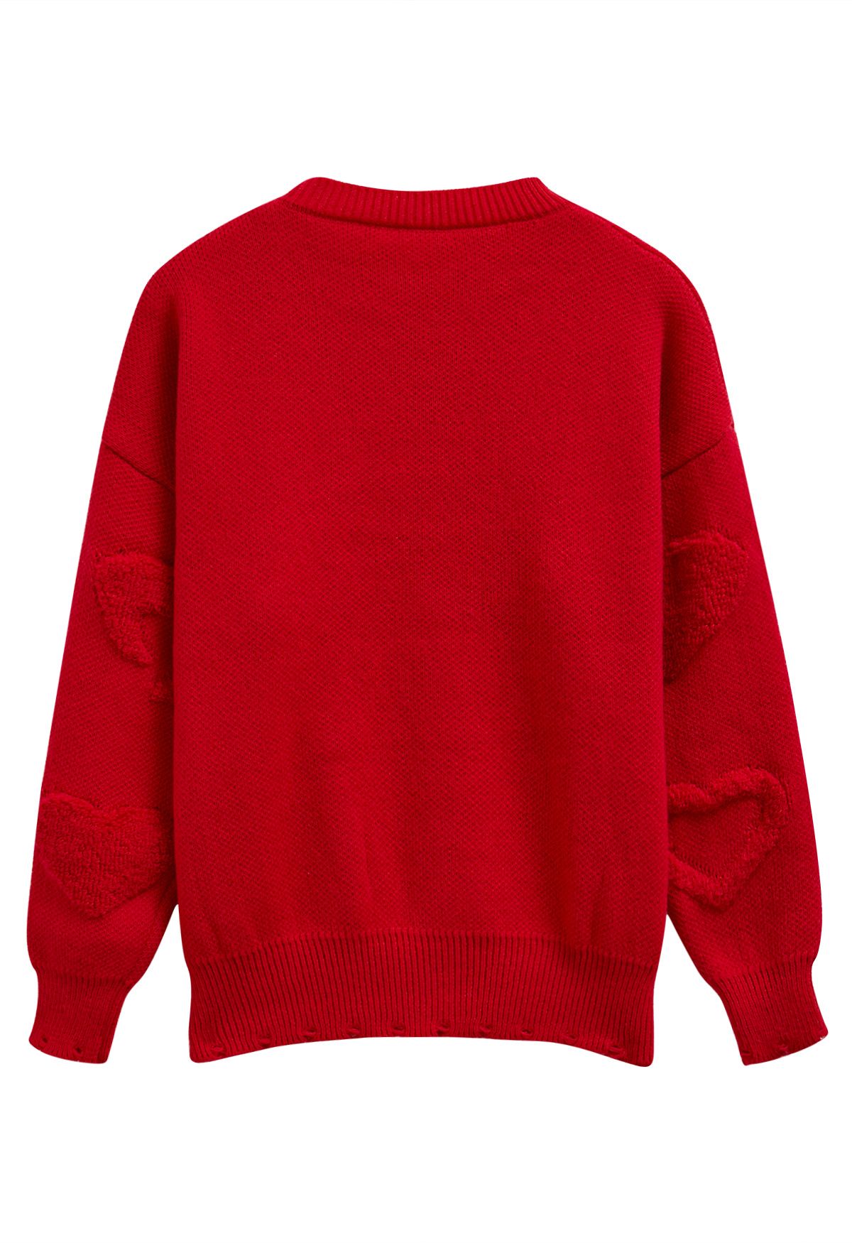 Pearl Trim Heart Jacquard Oversized Knit Sweater in Red