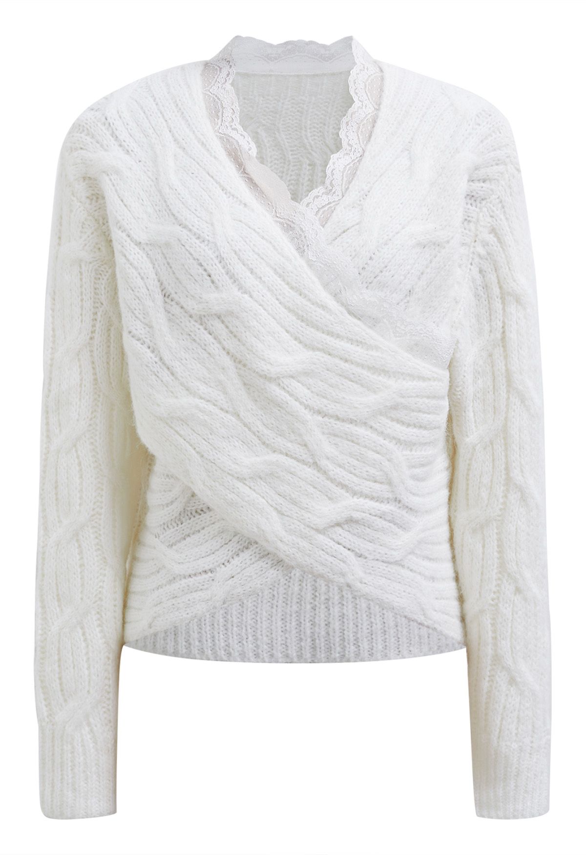 Lace Trim Crisscross Cable-Knit Sweater in White