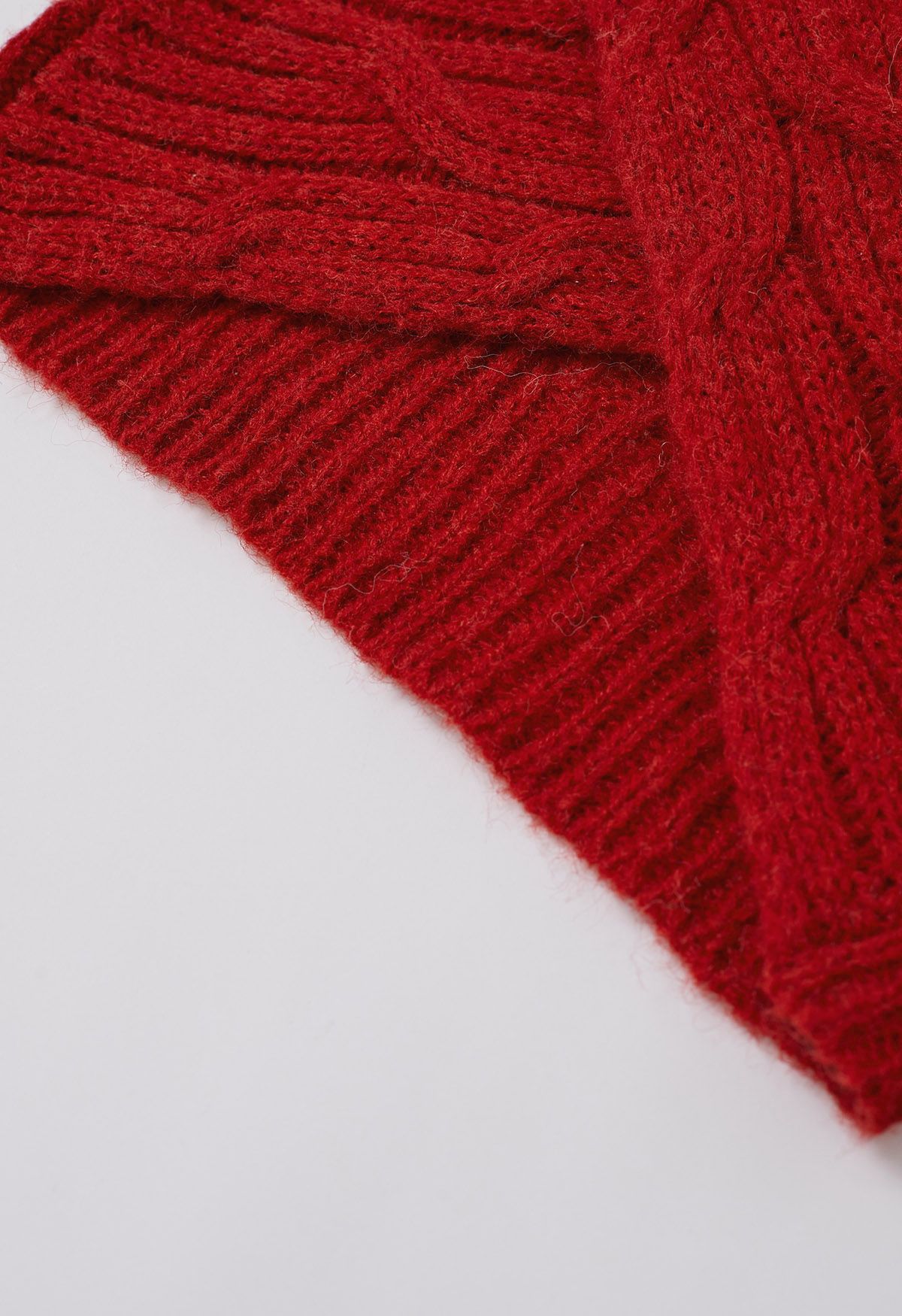 Lace Trim Crisscross Cable-Knit Sweater in Red