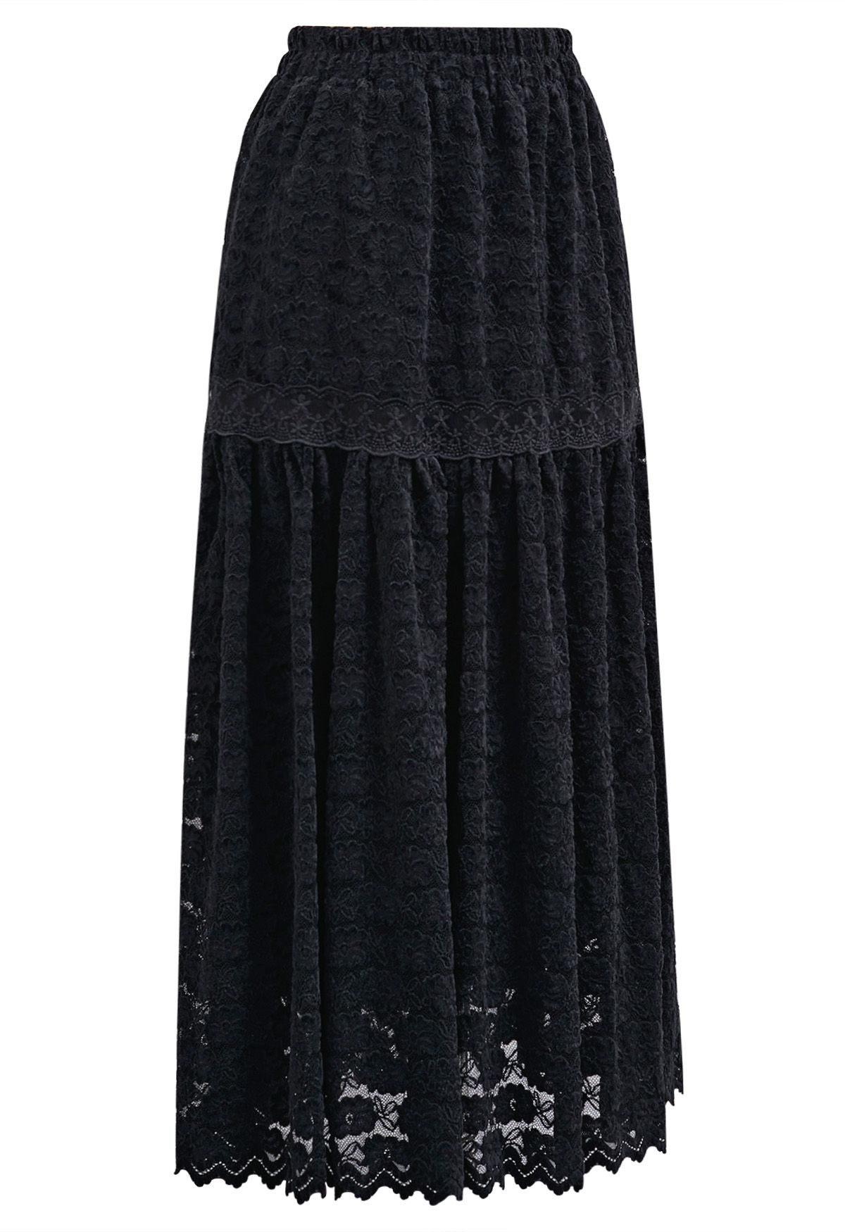 Full Floral Lace Scalloped Hem Maxi Skirt in Black