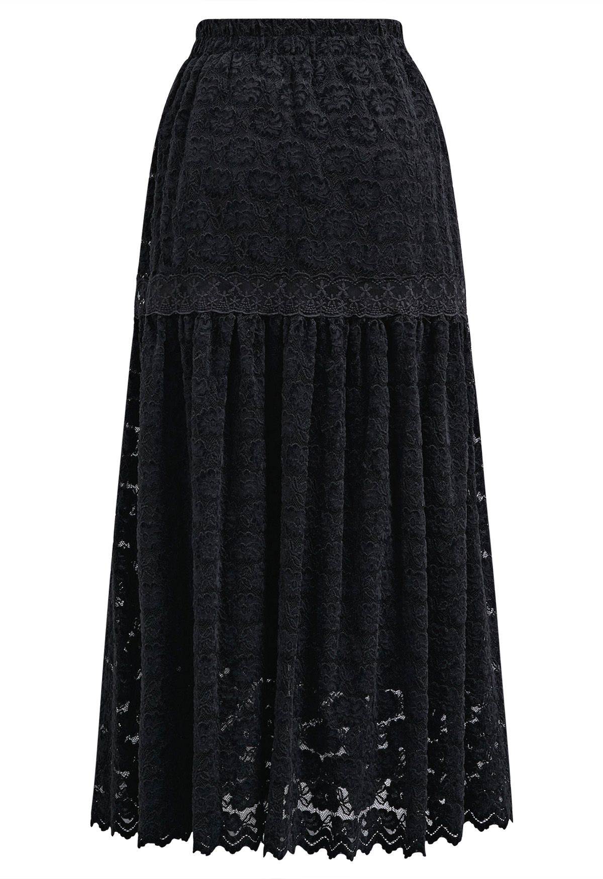 Full Floral Lace Scalloped Hem Maxi Skirt in Black