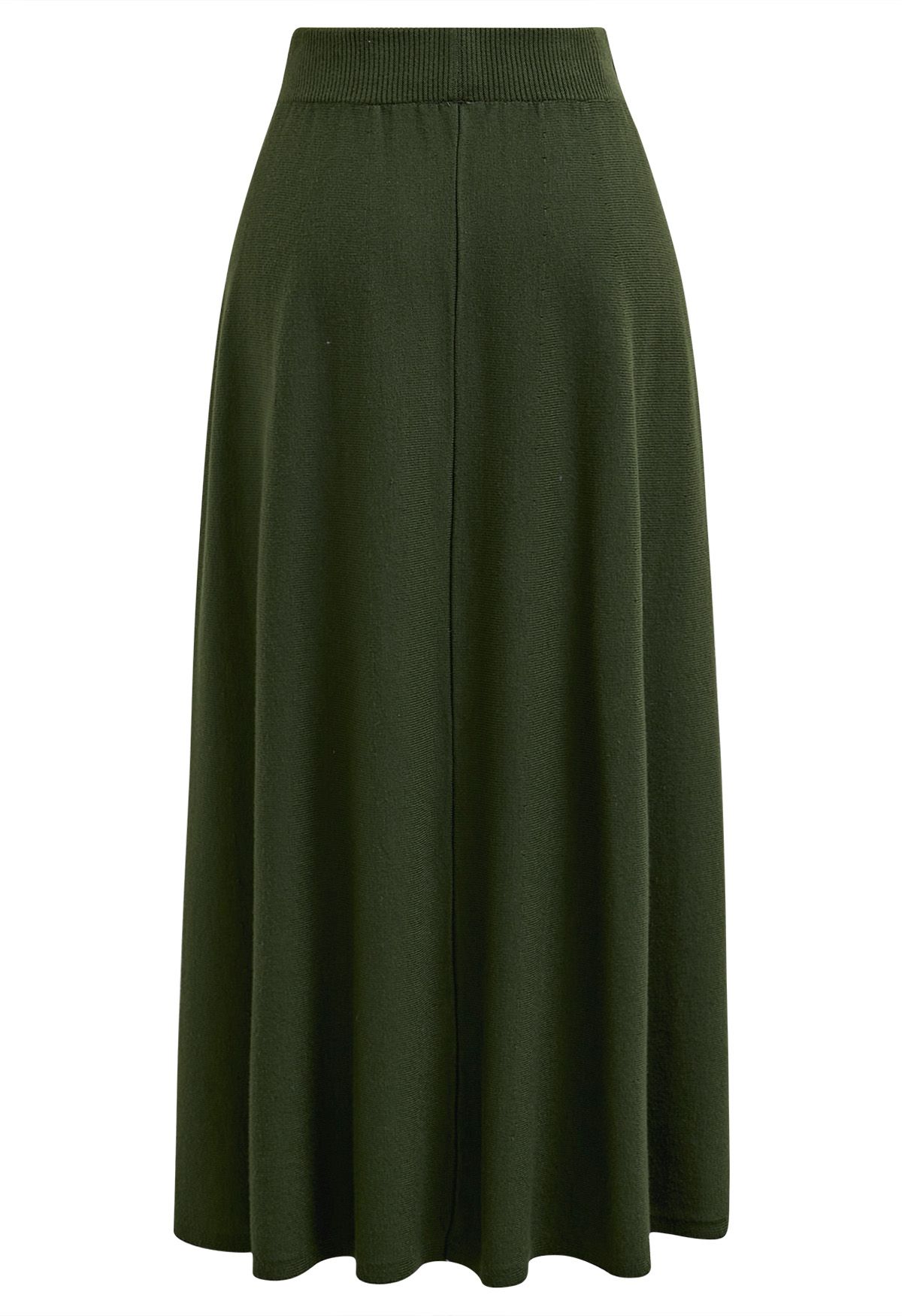 Button Adorned Knit Midi Skirt in Army Green