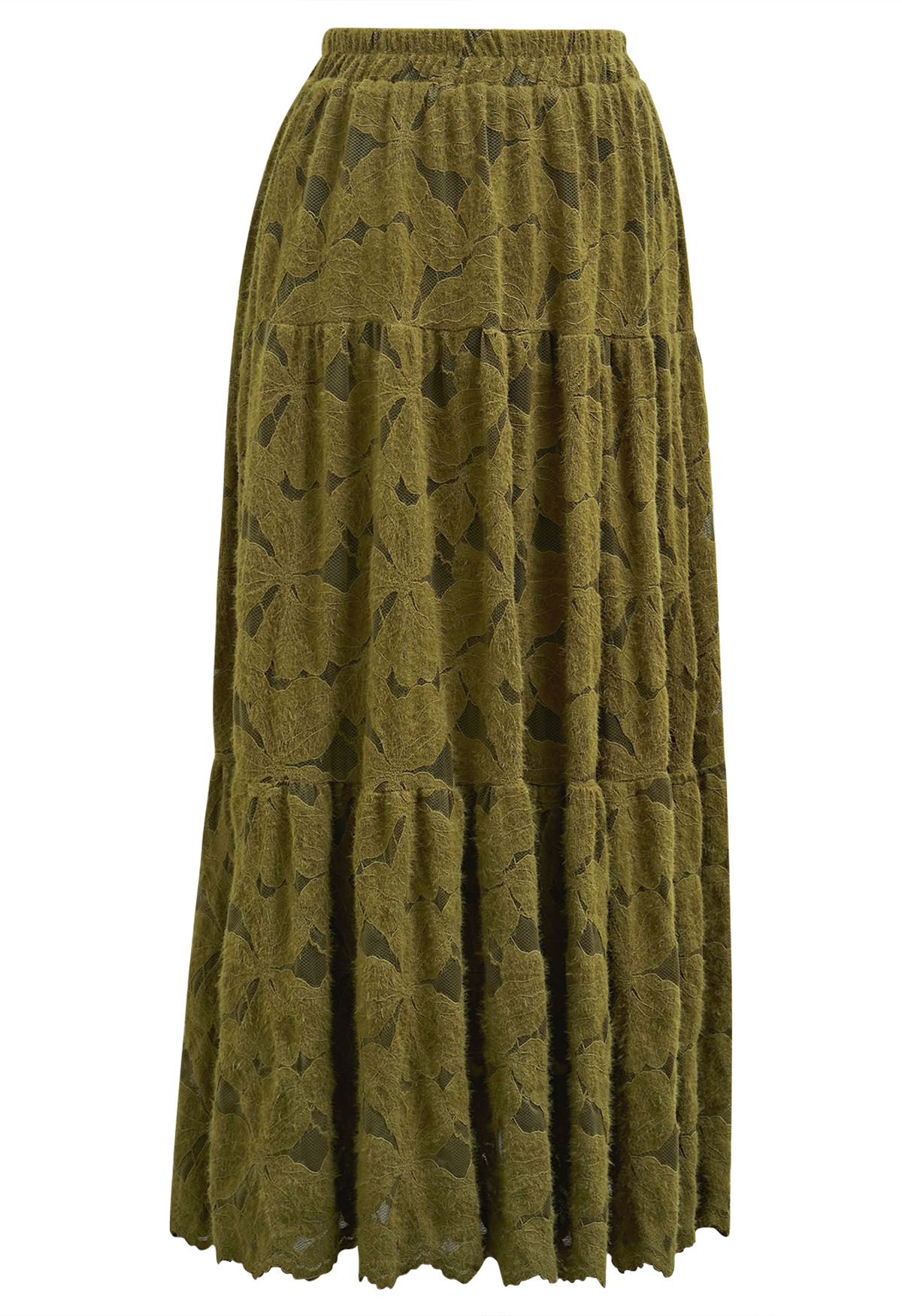 Fuzzy Floral Lace Midi Skirt in Moss Green