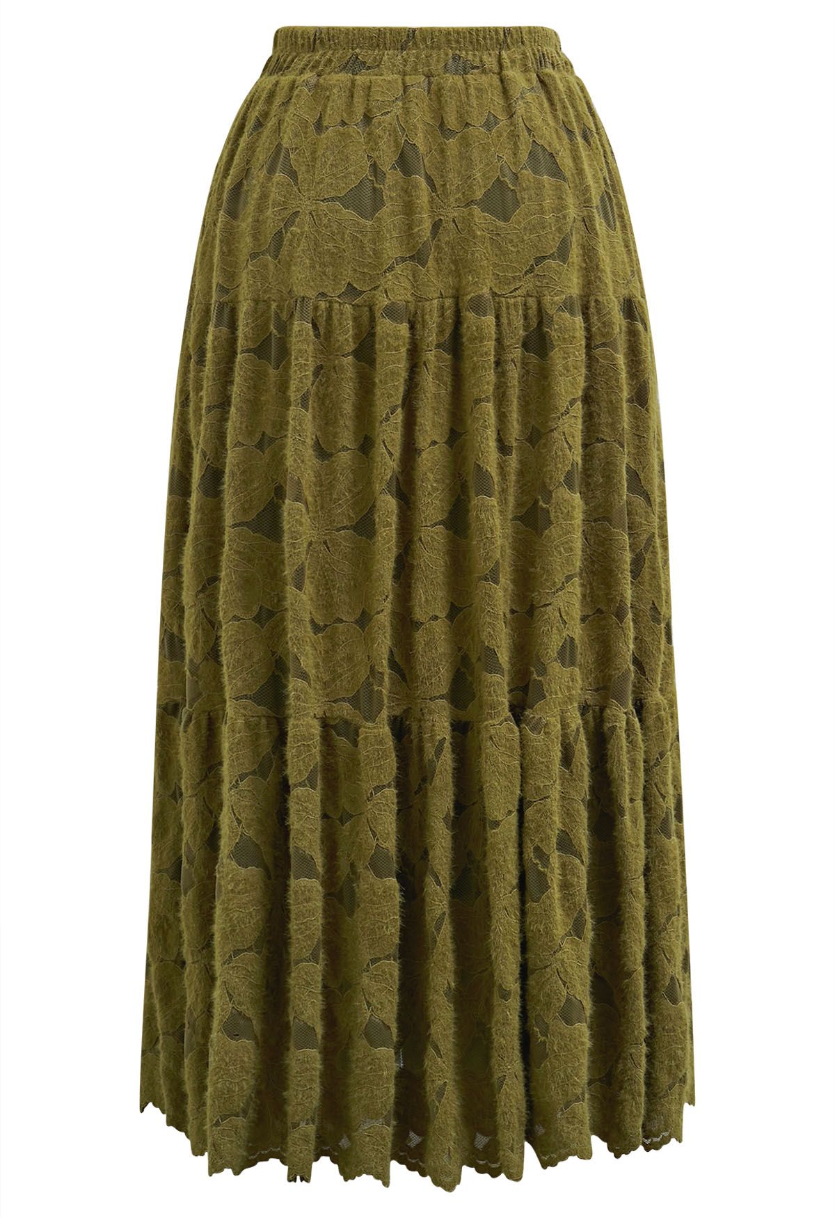 Fuzzy Floral Lace Midi Skirt in Moss Green