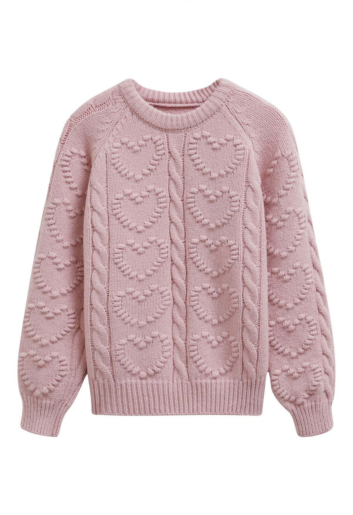 Embossed Heart Cable Knit Sweater in Light Pink