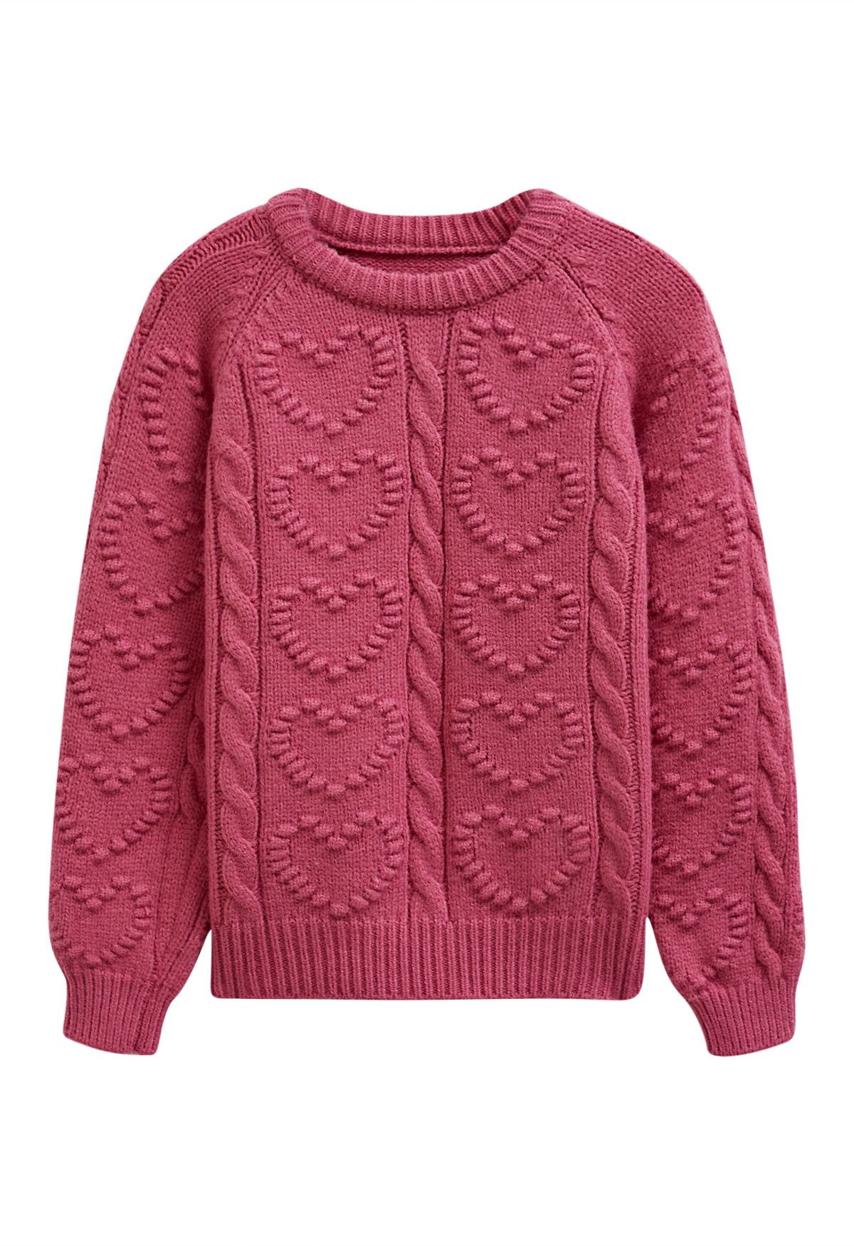 Embossed Heart Cable Knit Sweater in Berry