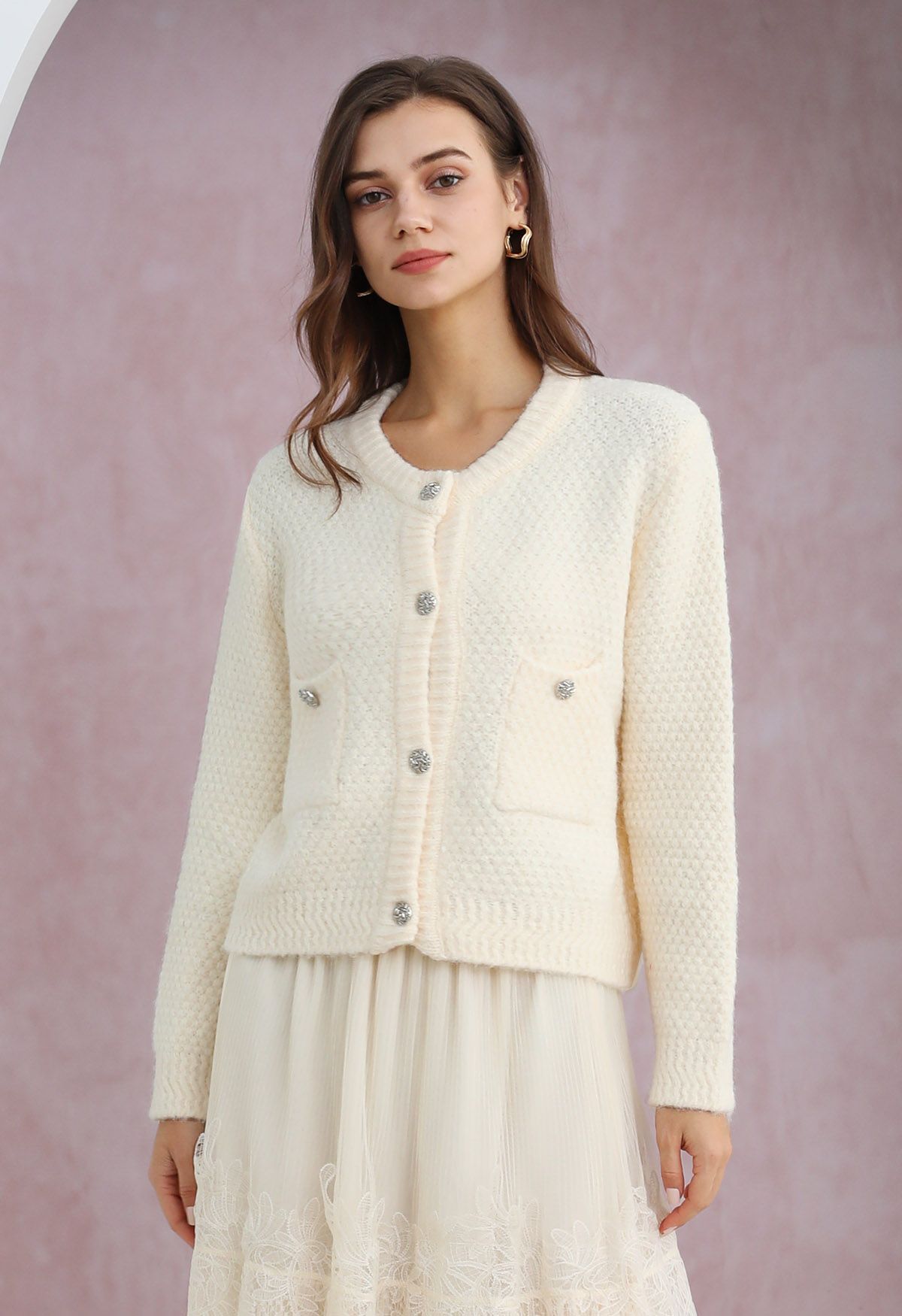 Patch Pocket Buttoned Waffle Knit Cardigan in Ivory