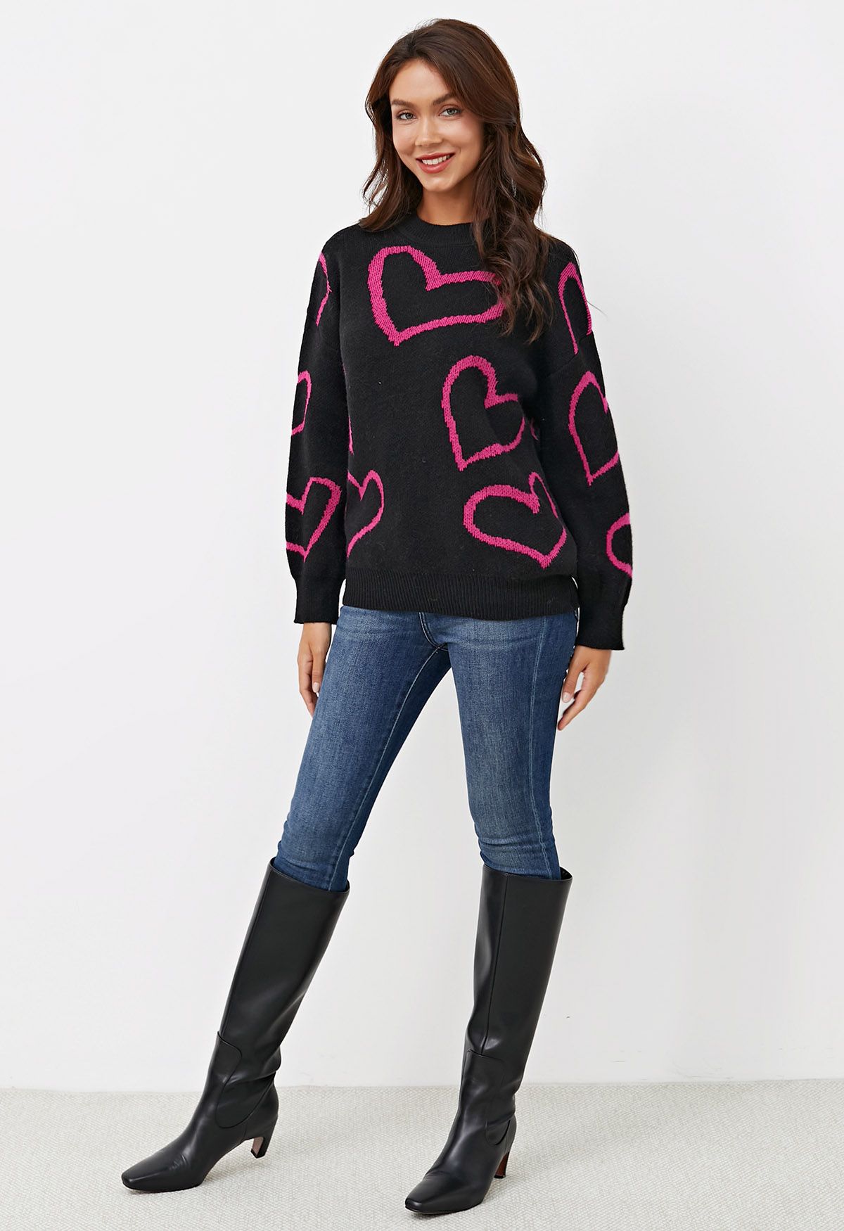 Lovable Heart Crew Neck Knit Sweater in Black