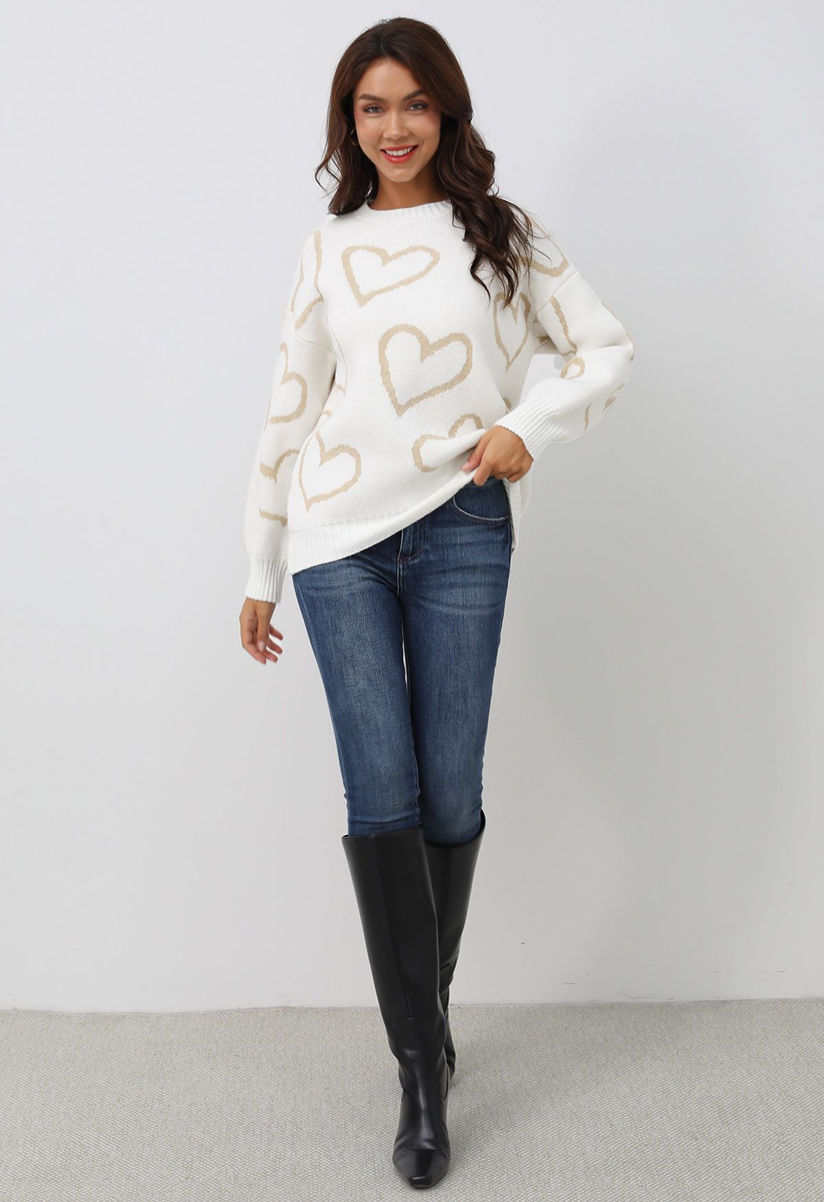 Lovable Heart Crew Neck Knit Sweater in White